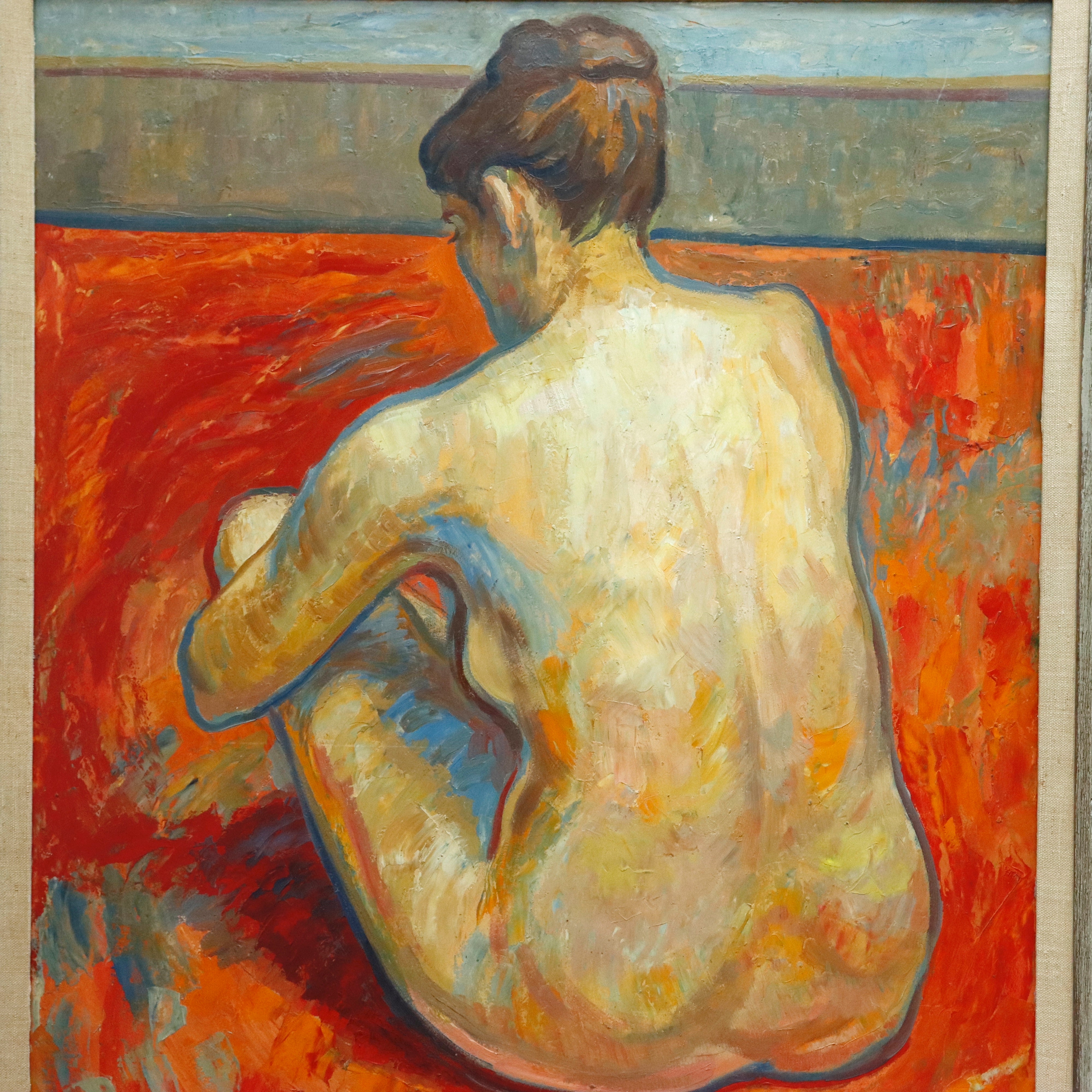 AW978: Claude Benard French Modernist Female Nude Oil on Board Painting Mid Century