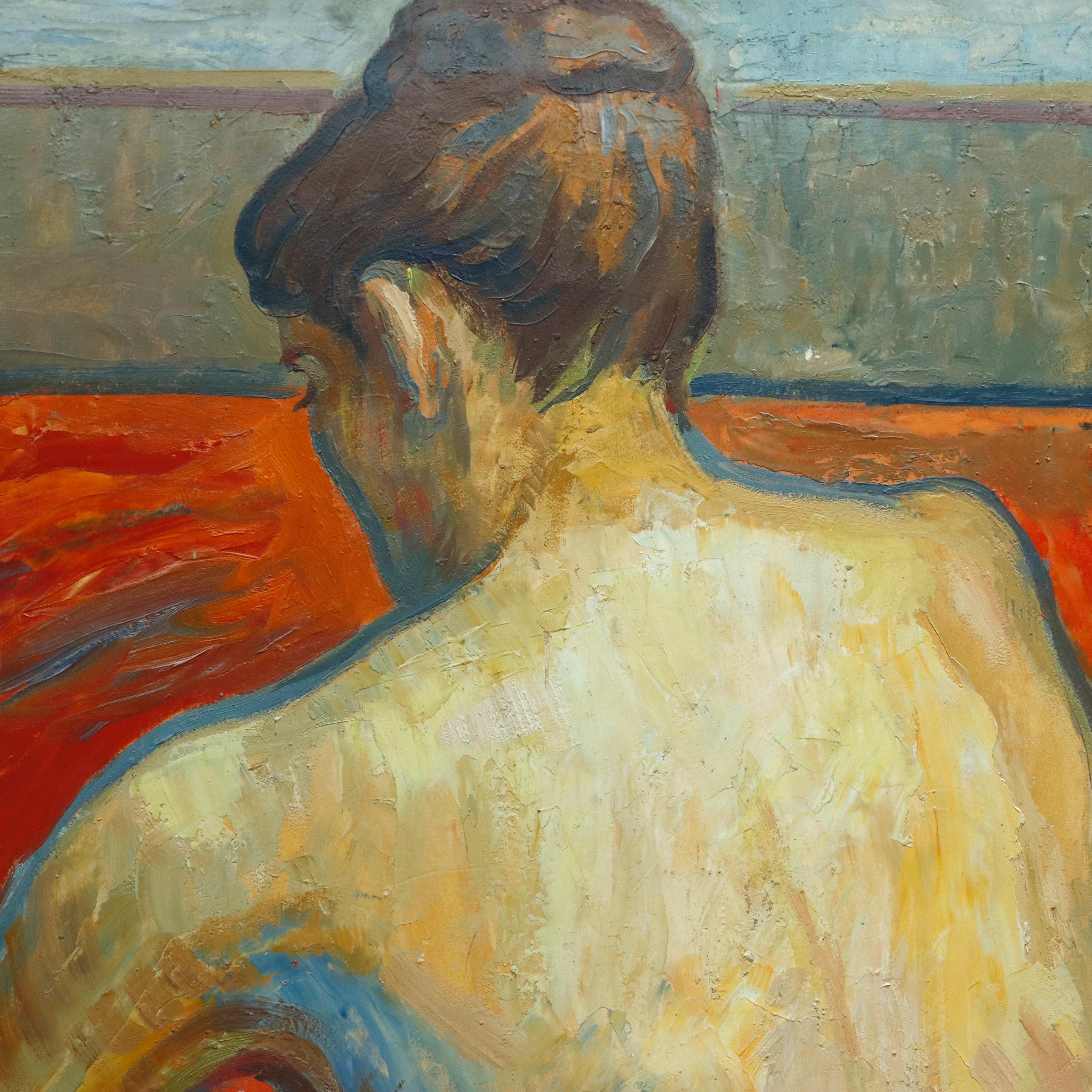 AW978: Claude Benard French Modernist Female Nude Oil on Board Painting Mid Century