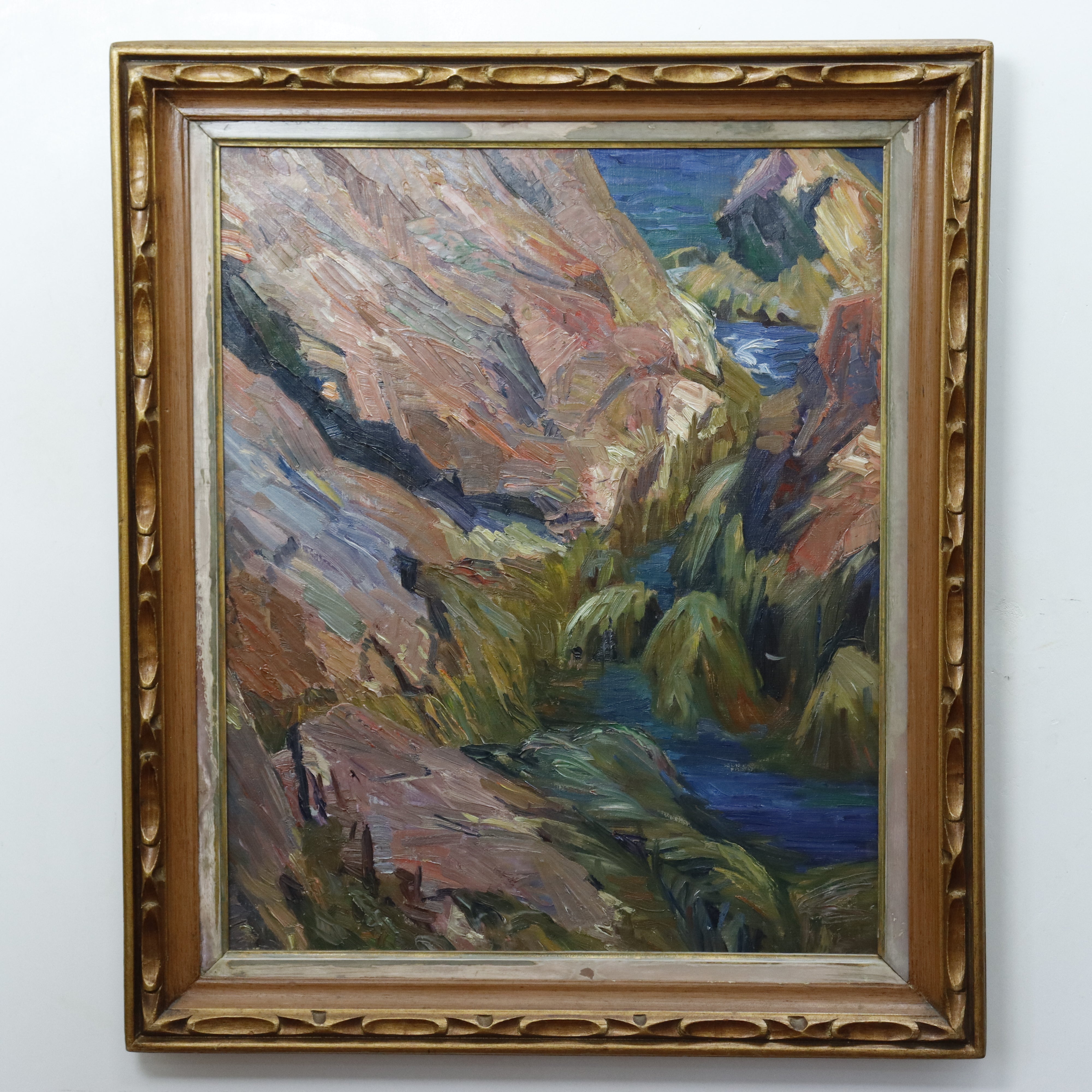 AW995: Agnes Richmond Modernist Oil on Canvas Painting "Gloucester Inlet With Rocks" Circa 1940