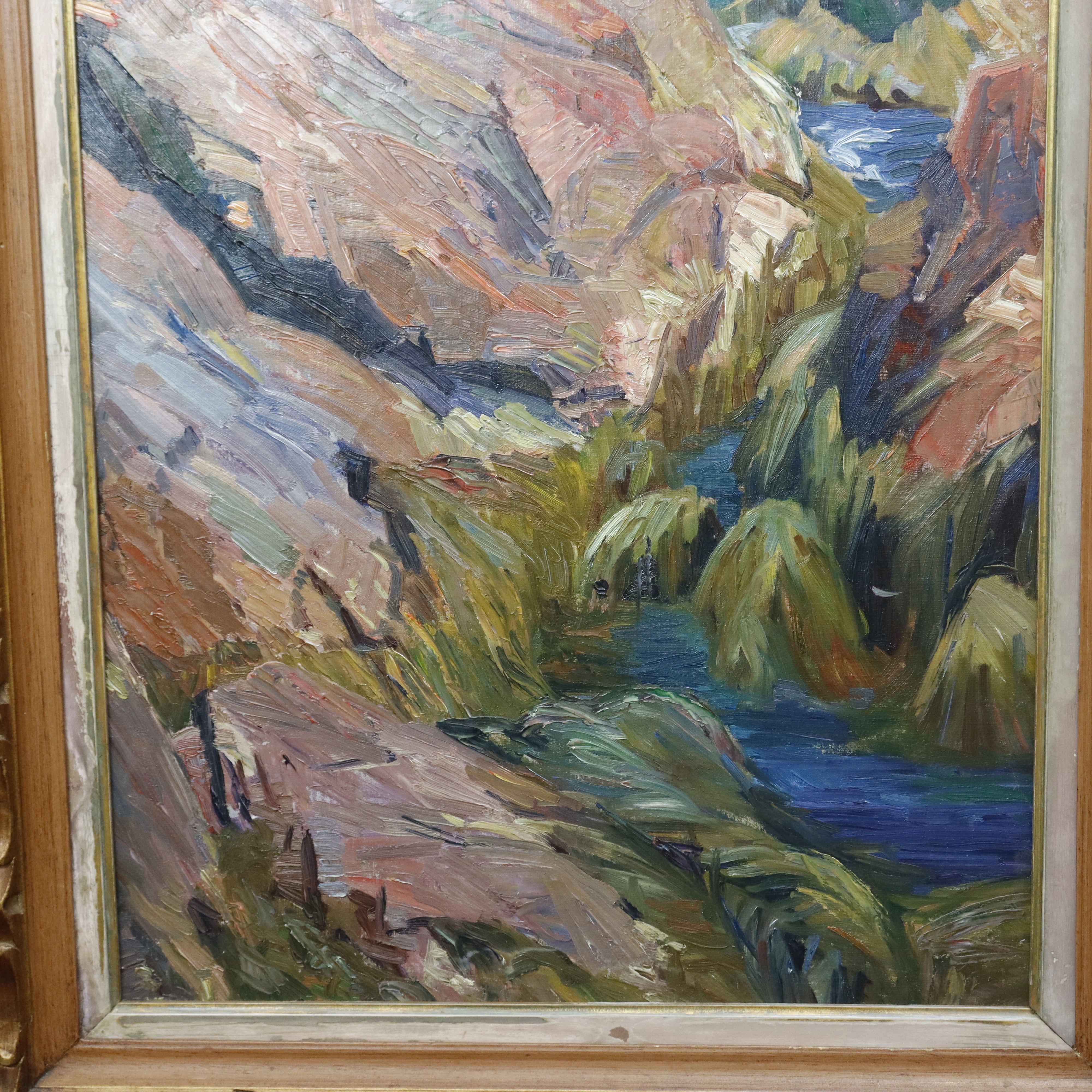 AW995: Agnes Richmond Modernist Oil on Canvas Painting "Gloucester Inlet With Rocks" Circa 1940