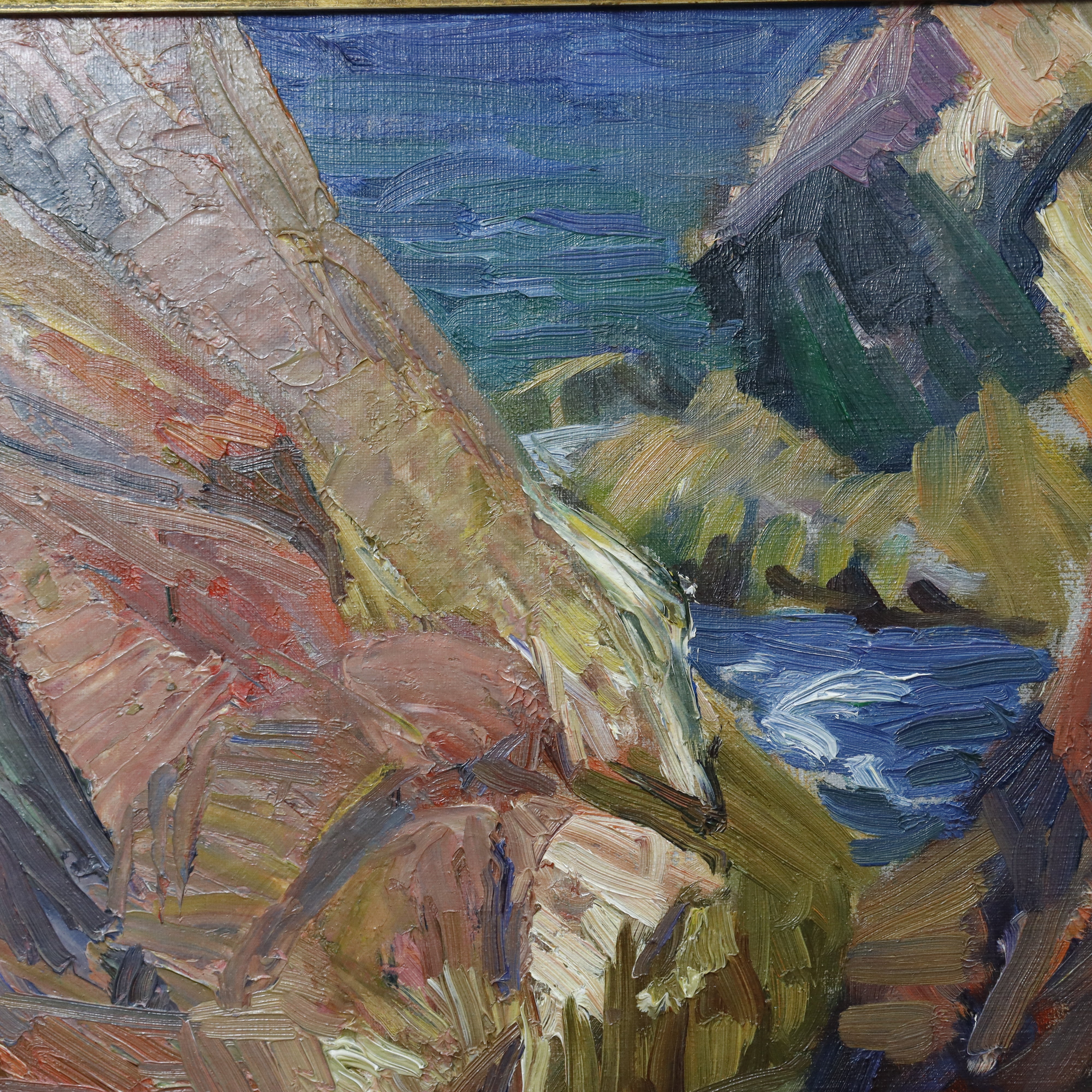 AW995: Agnes Richmond Modernist Oil on Canvas Painting "Gloucester Inlet With Rocks" Circa 1940