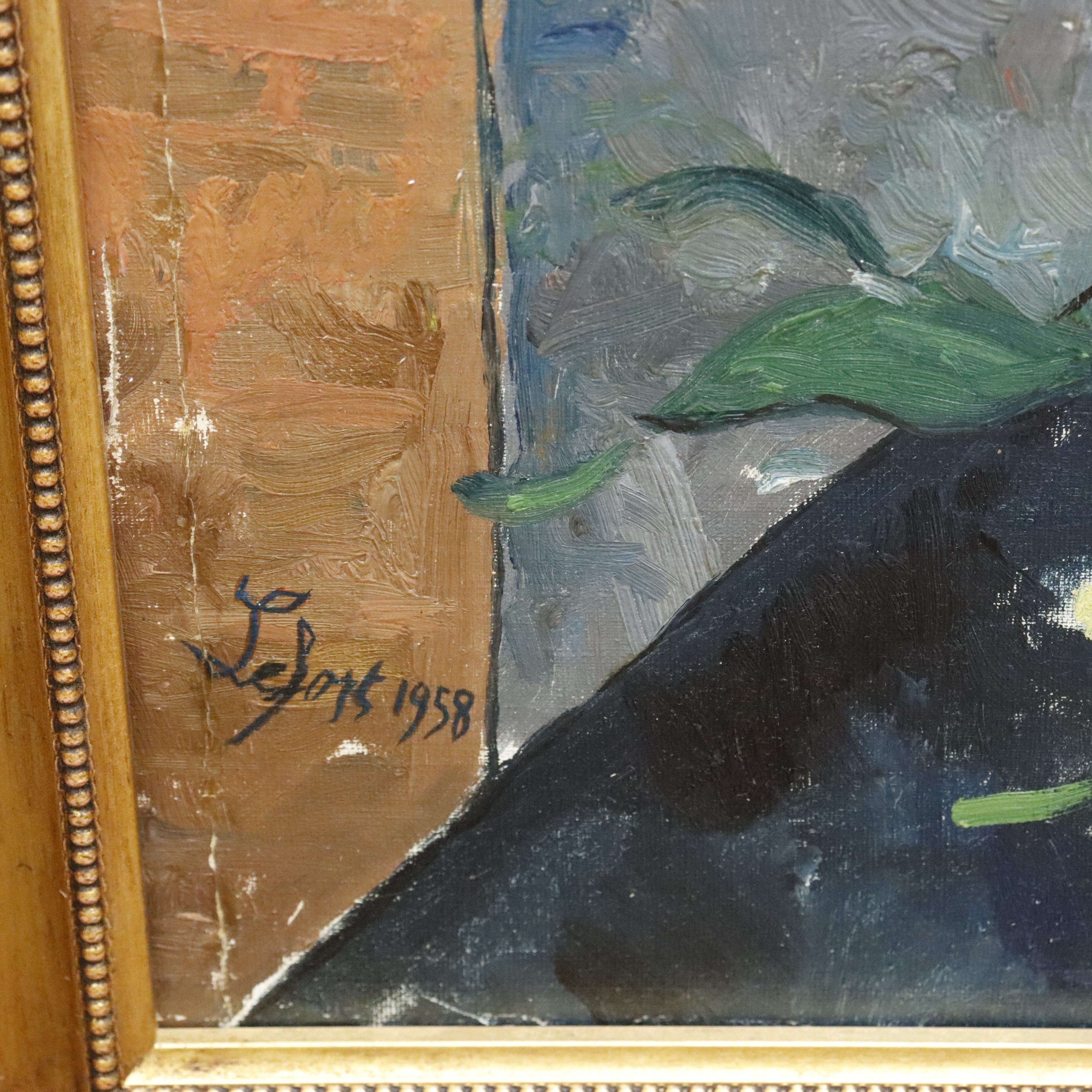 AW017: LeForte Modernist Still Life Oil on Canvas Laid to Board 1958