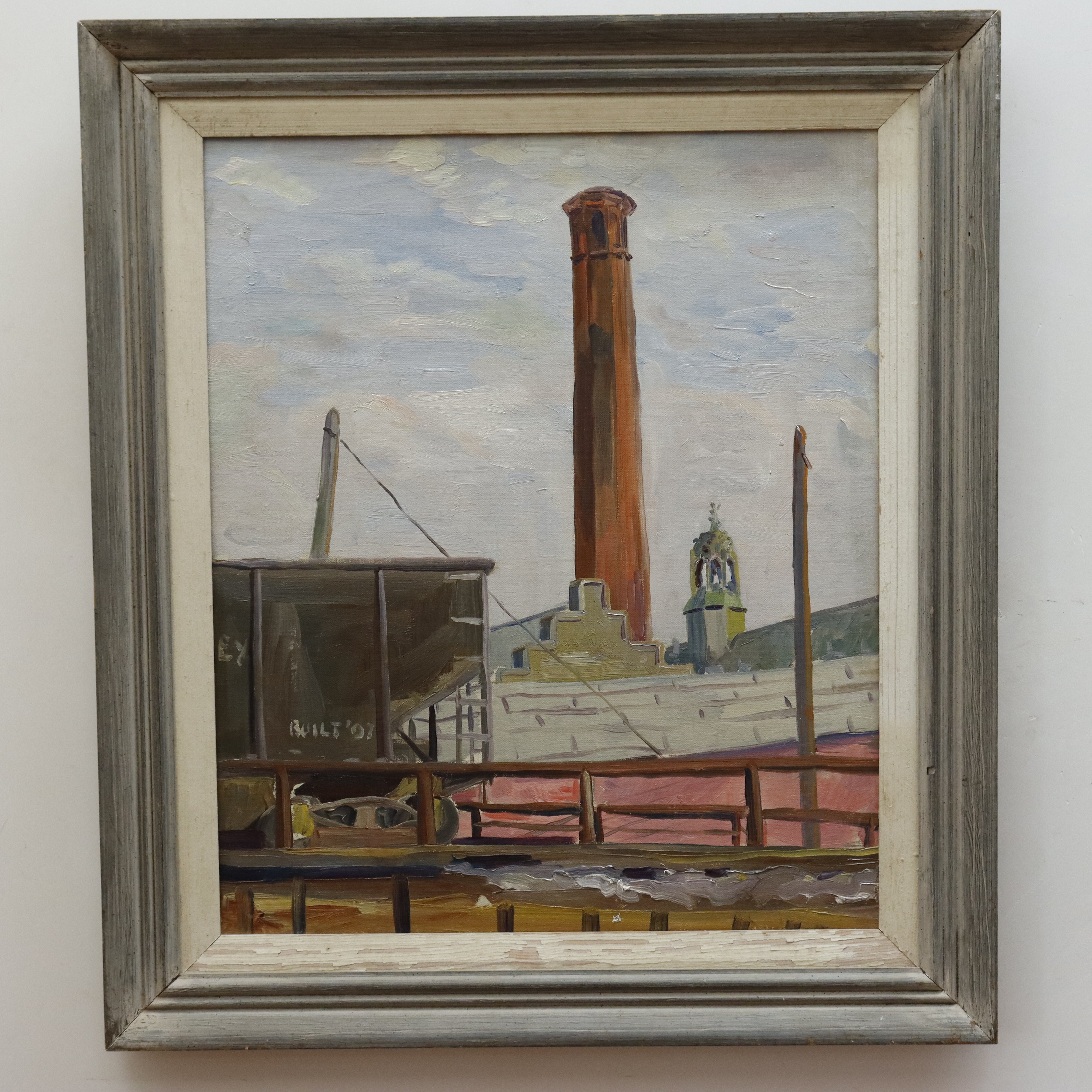 AW998: Anton Albers Jr. American WPA Regionalist Industrial Scene Oil on Canvas Painting Circa 1940's