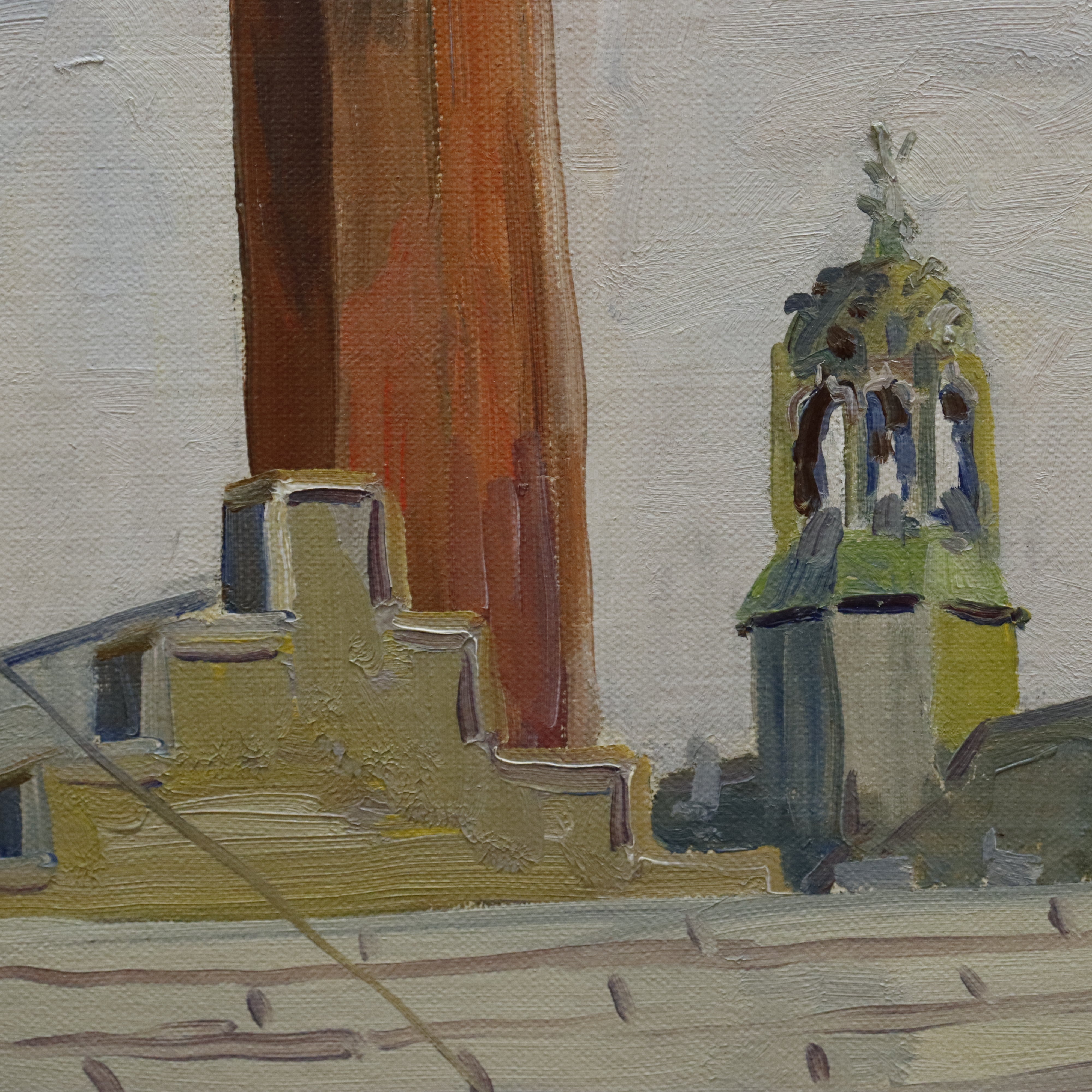 AW998: Anton Albers Jr. American WPA Regionalist Industrial Scene Oil on Canvas Painting Circa 1940's