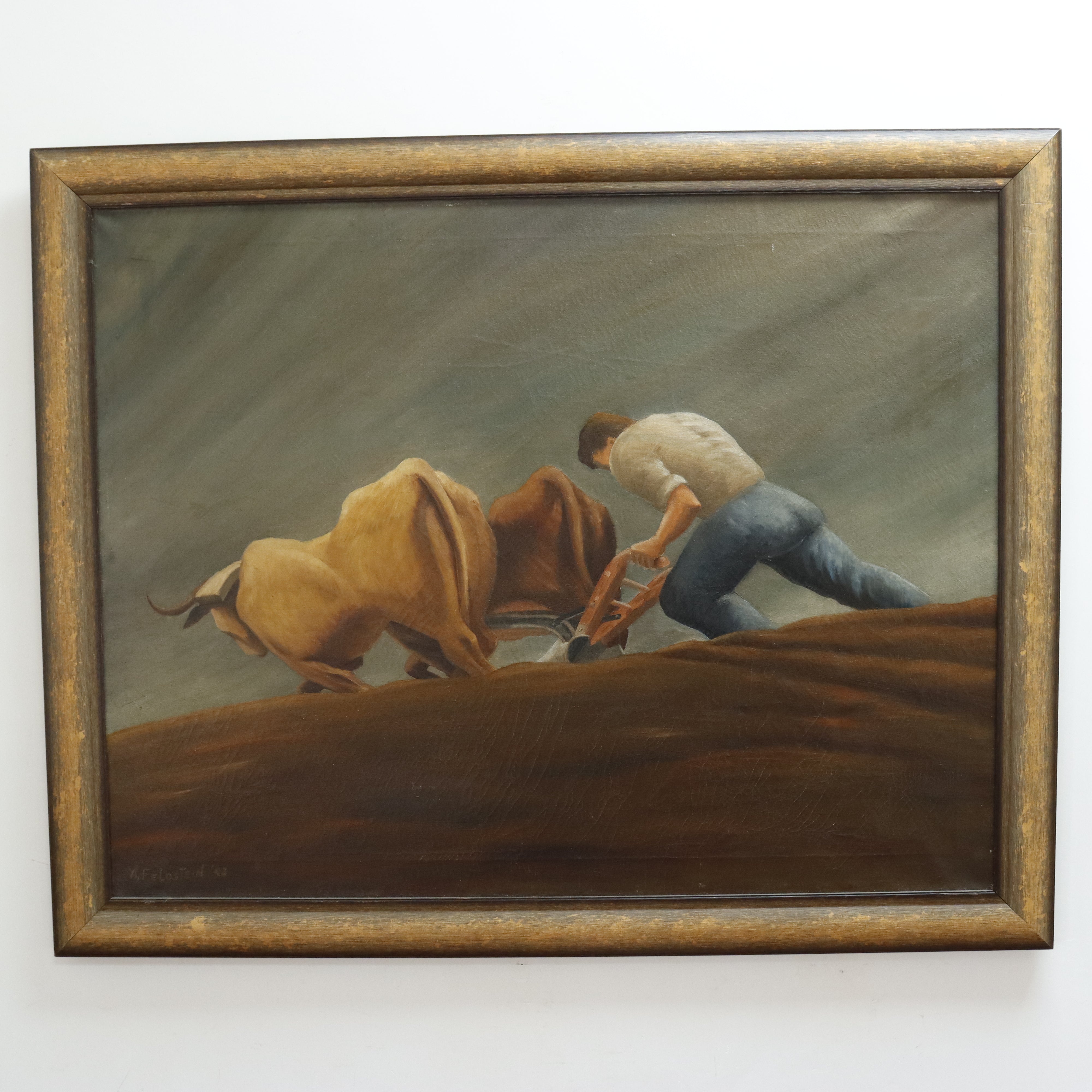AW041: A. Felostein Plowing Day WPA Regionalist Oil on Canvas Painting 1943