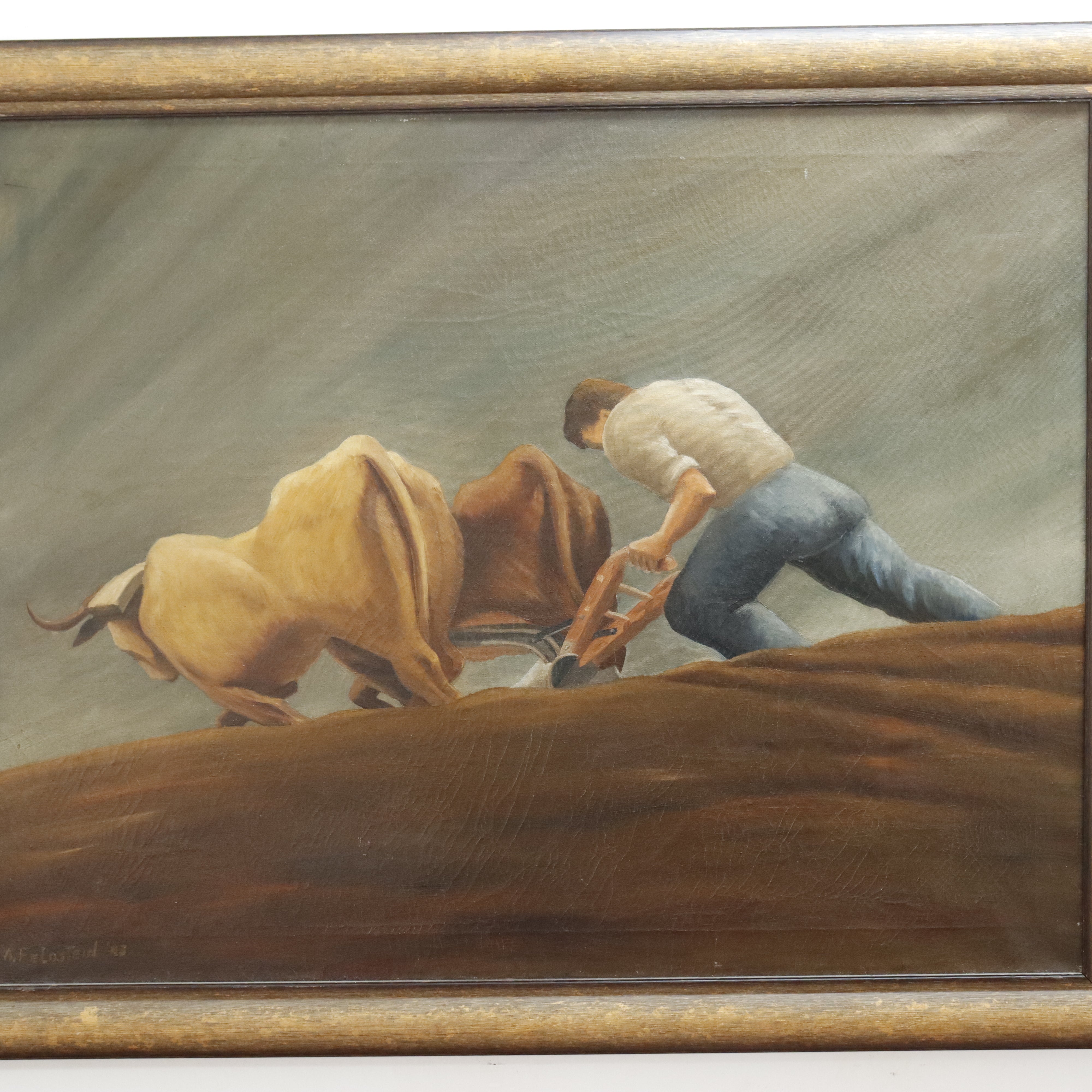 AW041: A. Felostein Plowing Day WPA Regionalist Oil on Canvas Painting 1943