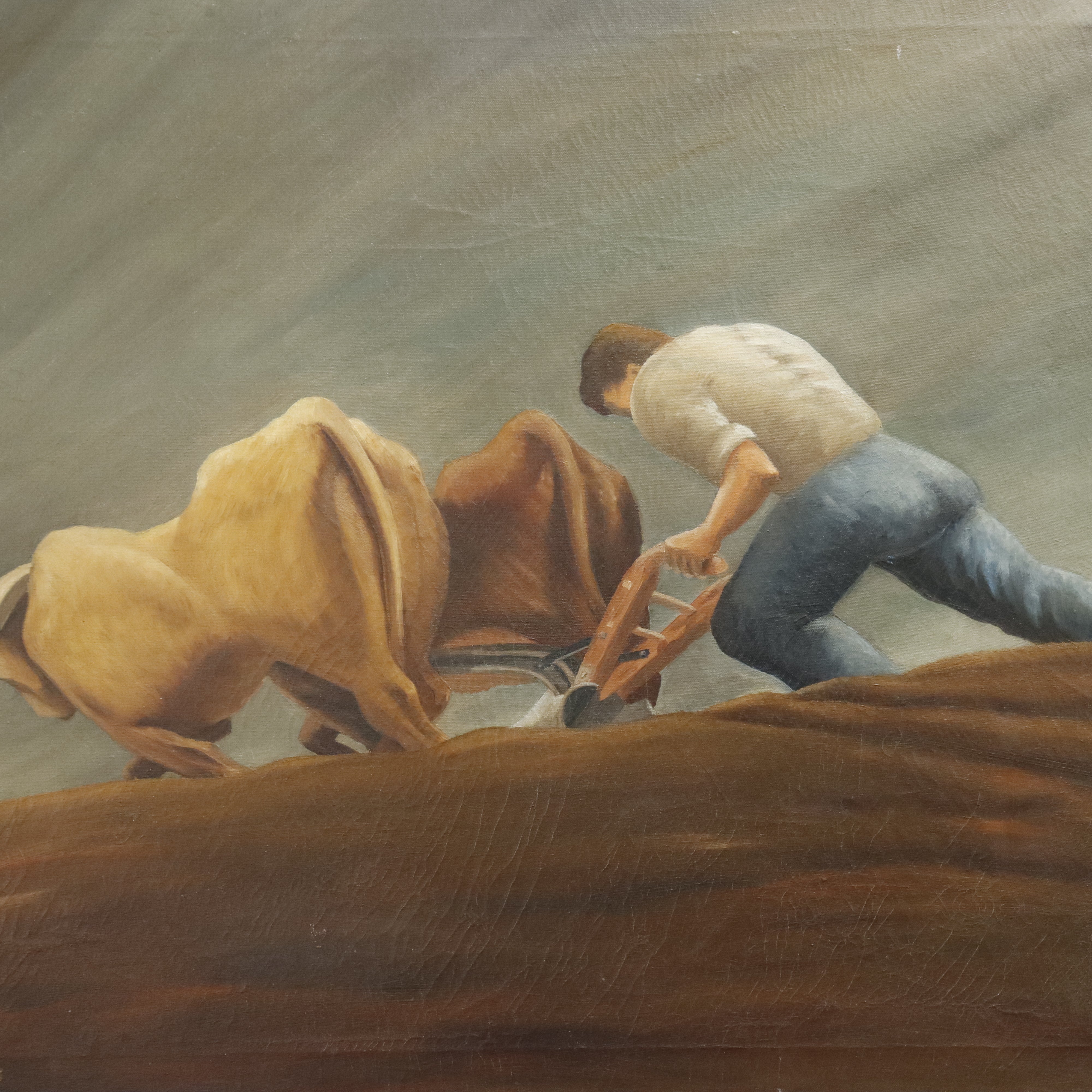 AW041: A. Felostein Plowing Day WPA Regionalist Oil on Canvas Painting 1943