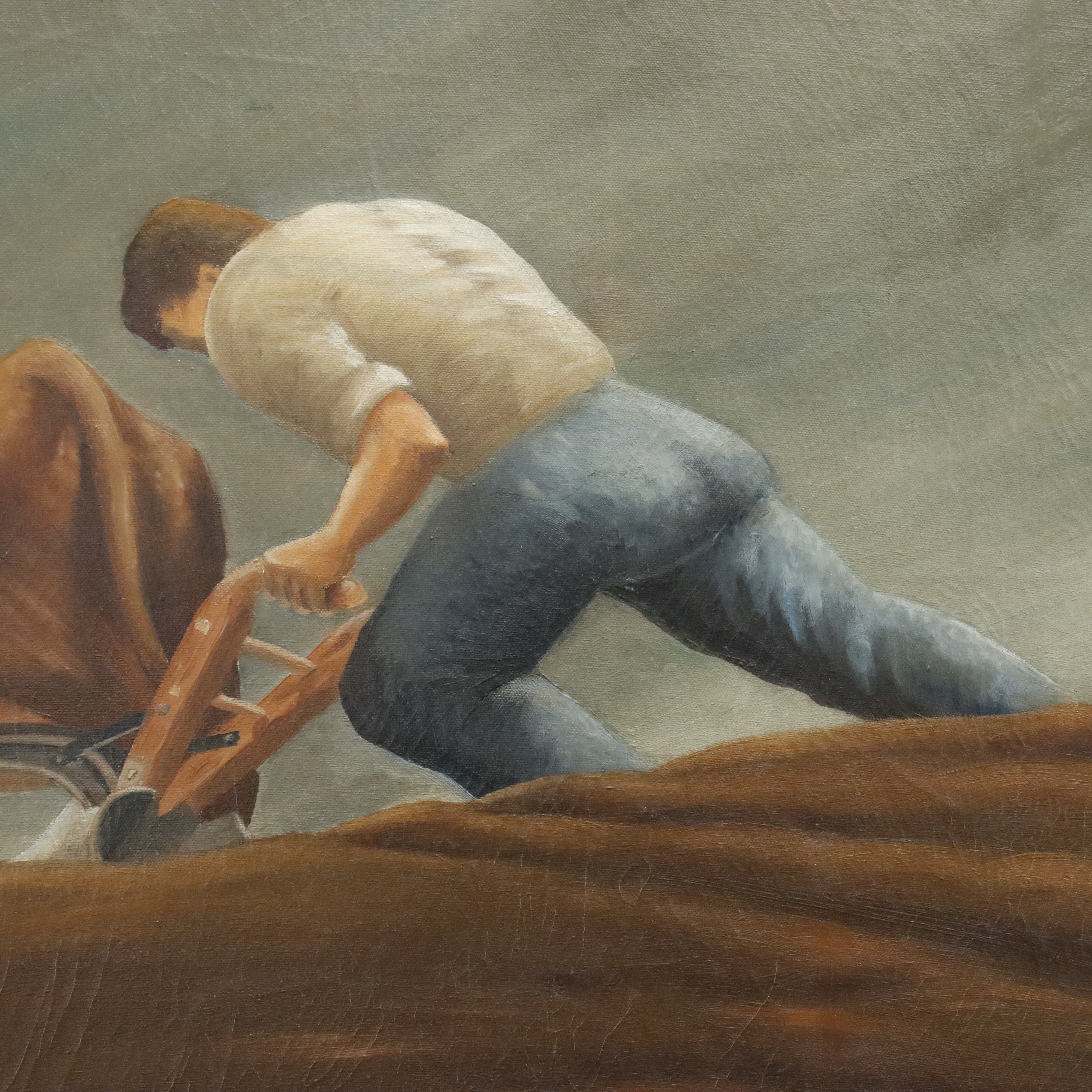 AW041: A. Felostein Plowing Day WPA Regionalist Oil on Canvas Painting 1943
