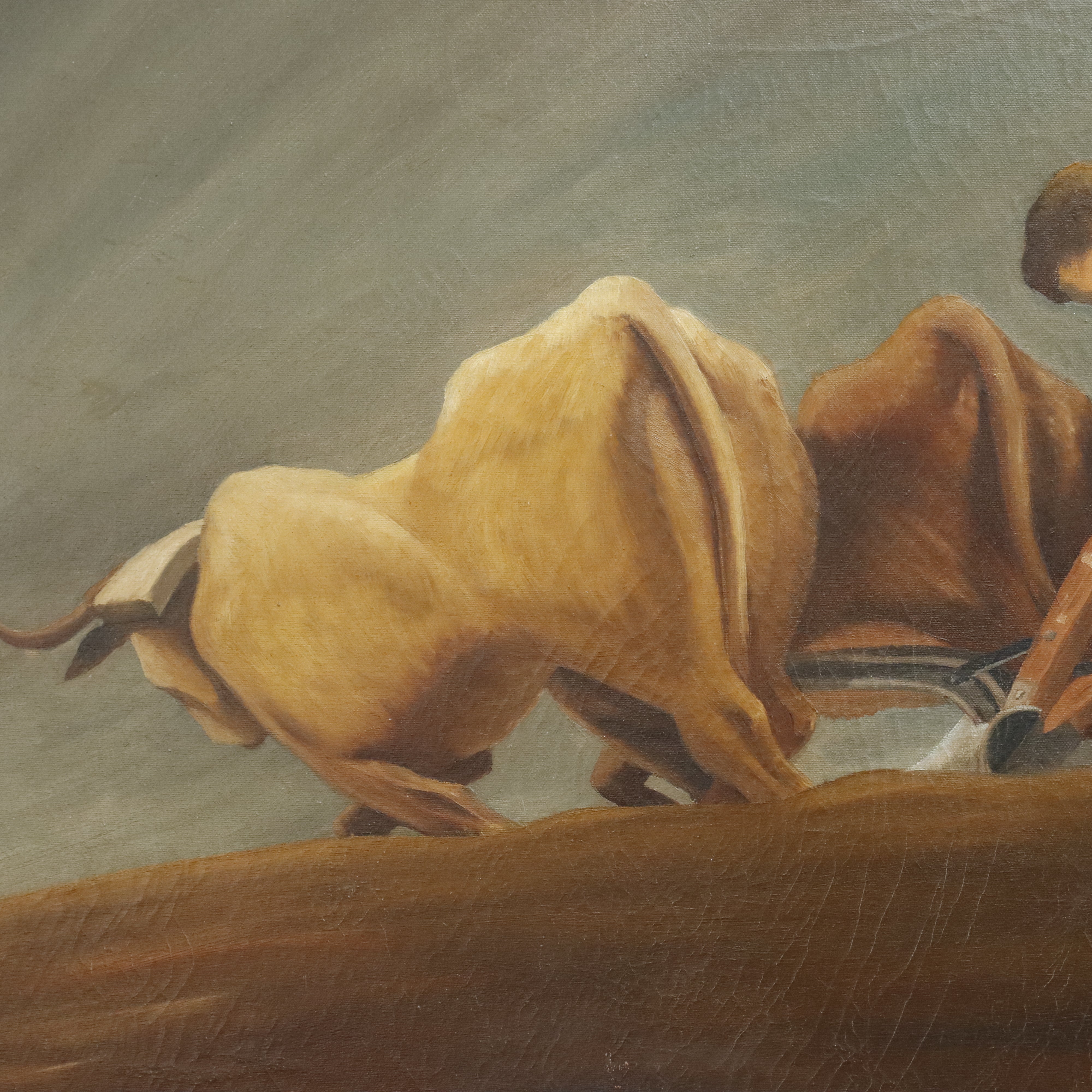 AW041: A. Felostein Plowing Day WPA Regionalist Oil on Canvas Painting 1943