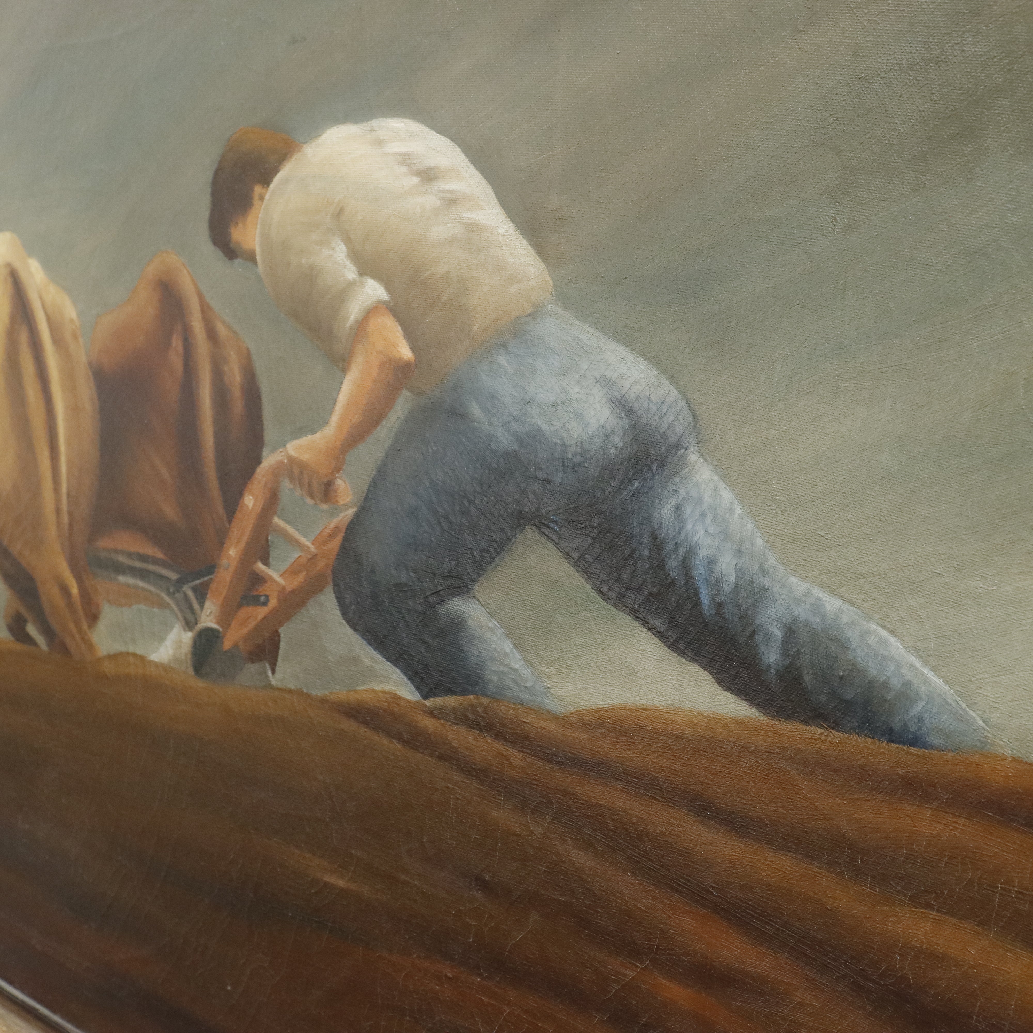 AW041: A. Felostein Plowing Day WPA Regionalist Oil on Canvas Painting 1943