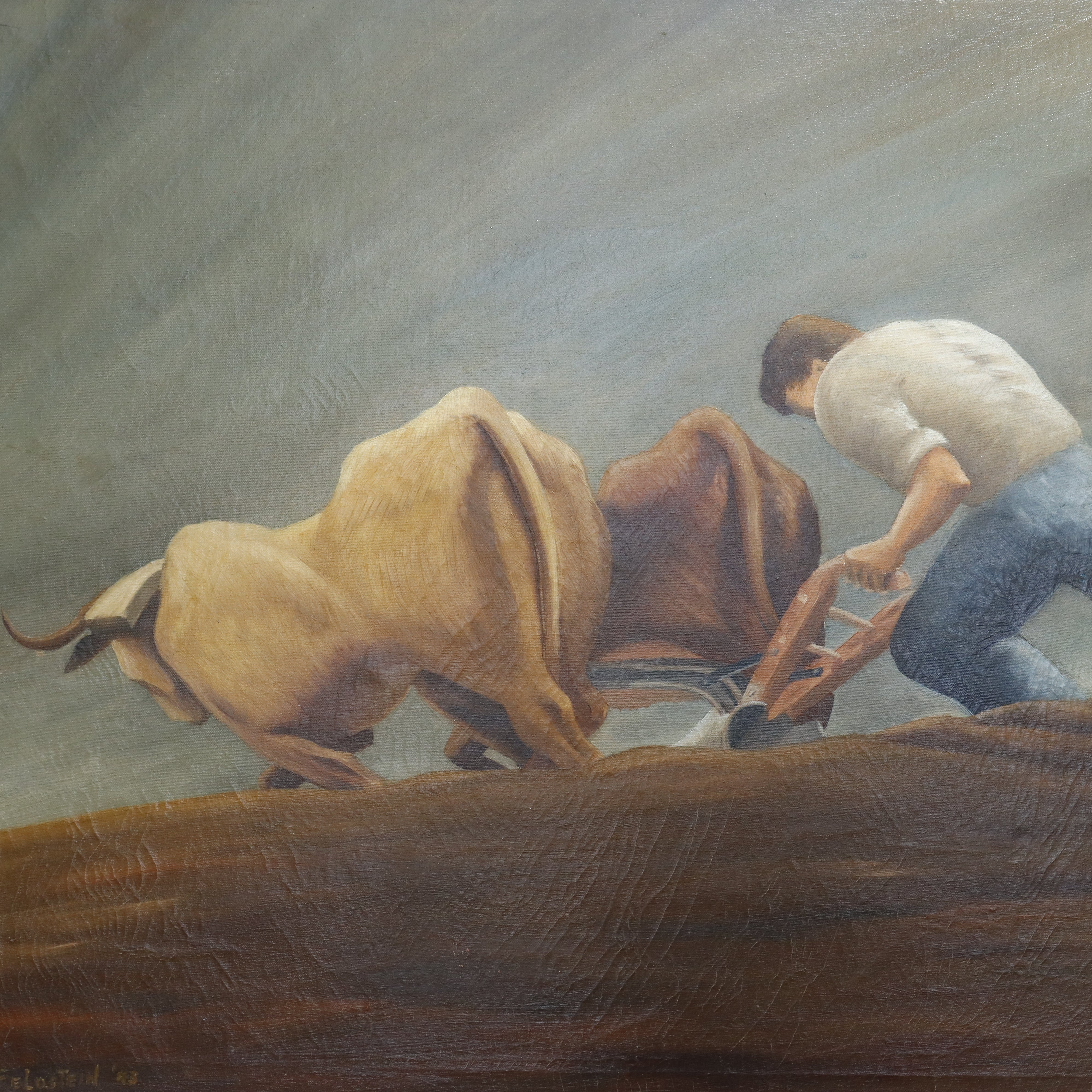 AW041: A. Felostein Plowing Day WPA Regionalist Oil on Canvas Painting 1943