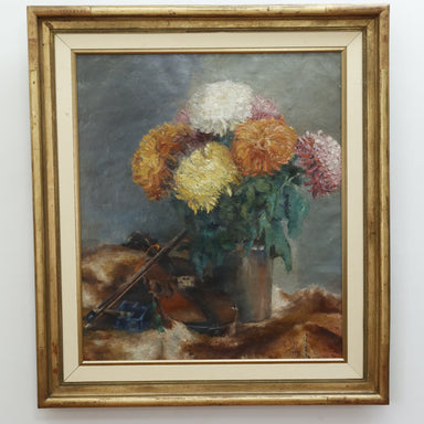 E. Pas Floral Still Life With Violin Oil on Canvas Circa 1935 | Work of Man