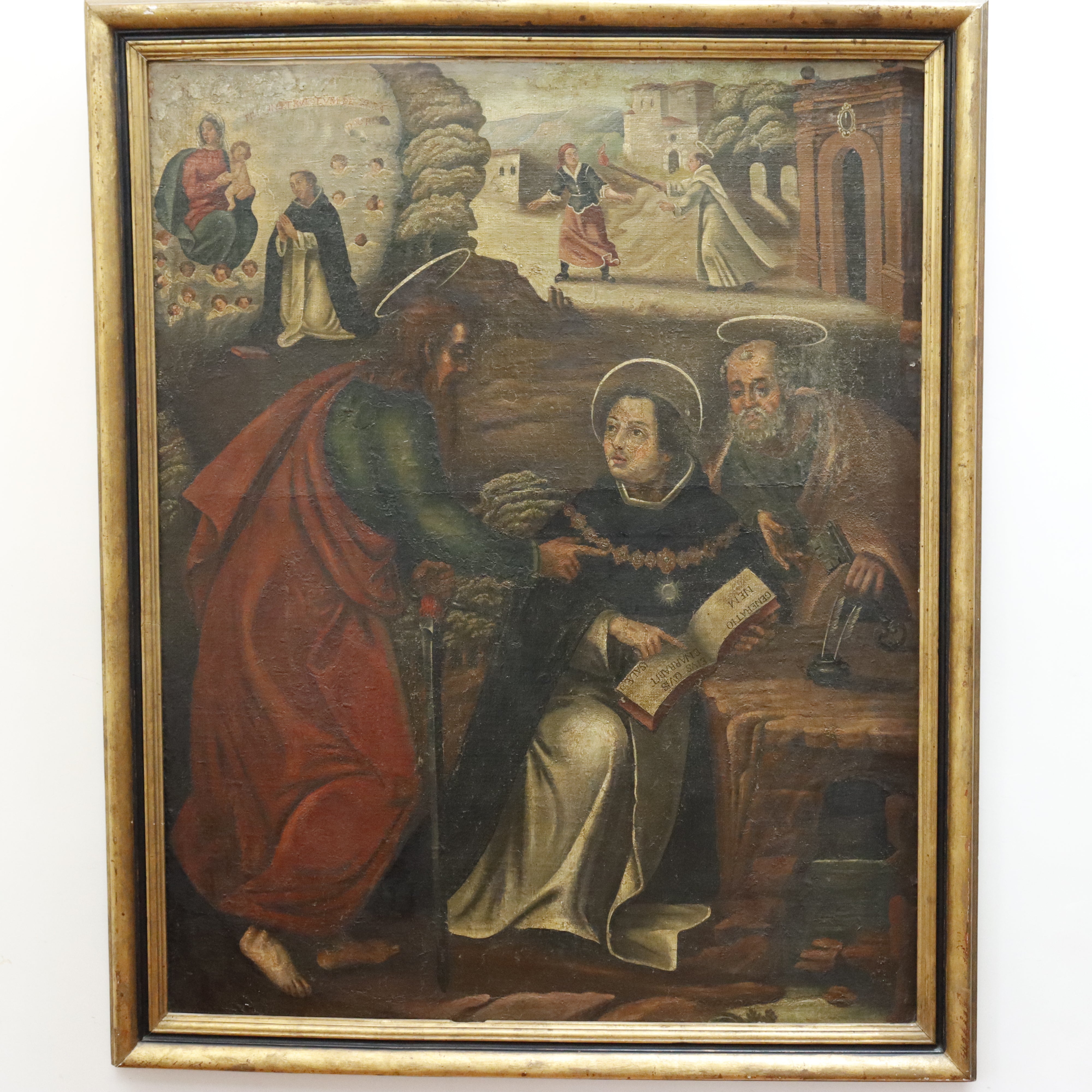 AW375: Antique Religious Painting Life of a Saint European School Oil on Canvas Painting 18th Century