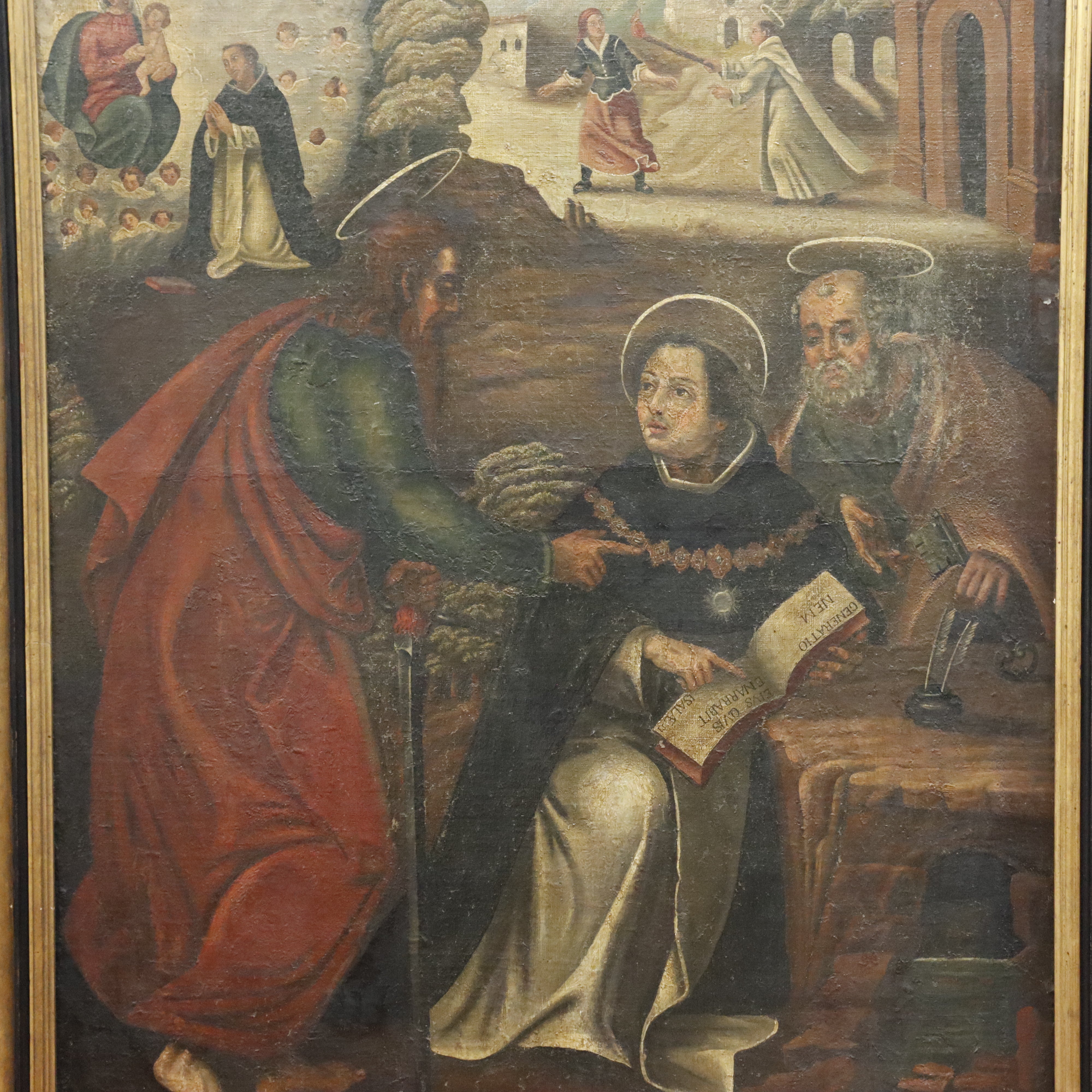 AW375: Antique Religious Painting Life of a Saint European School Oil on Canvas Painting 18th Century