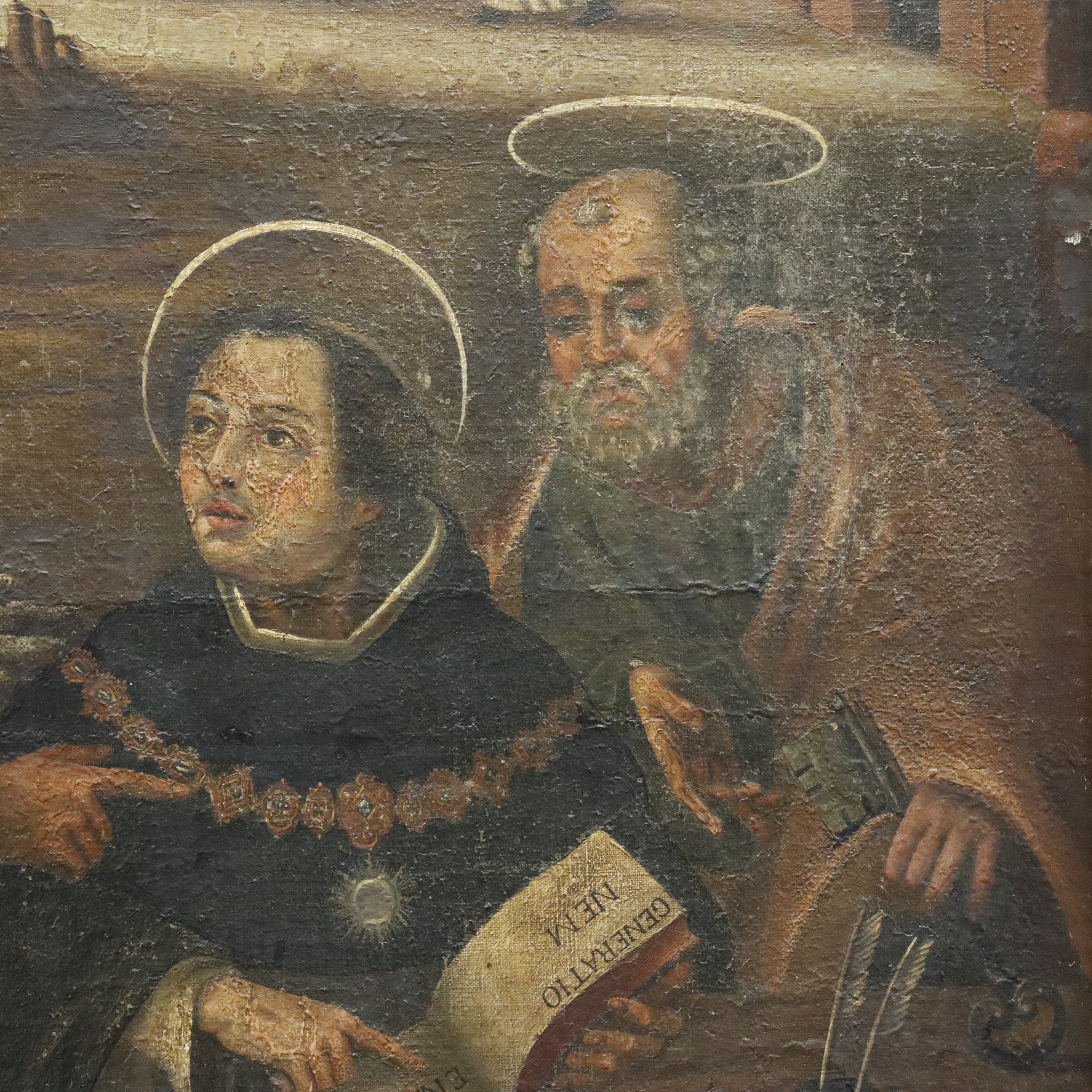 AW375: Antique Religious Painting Life of a Saint European School Oil on Canvas Painting 18th Century