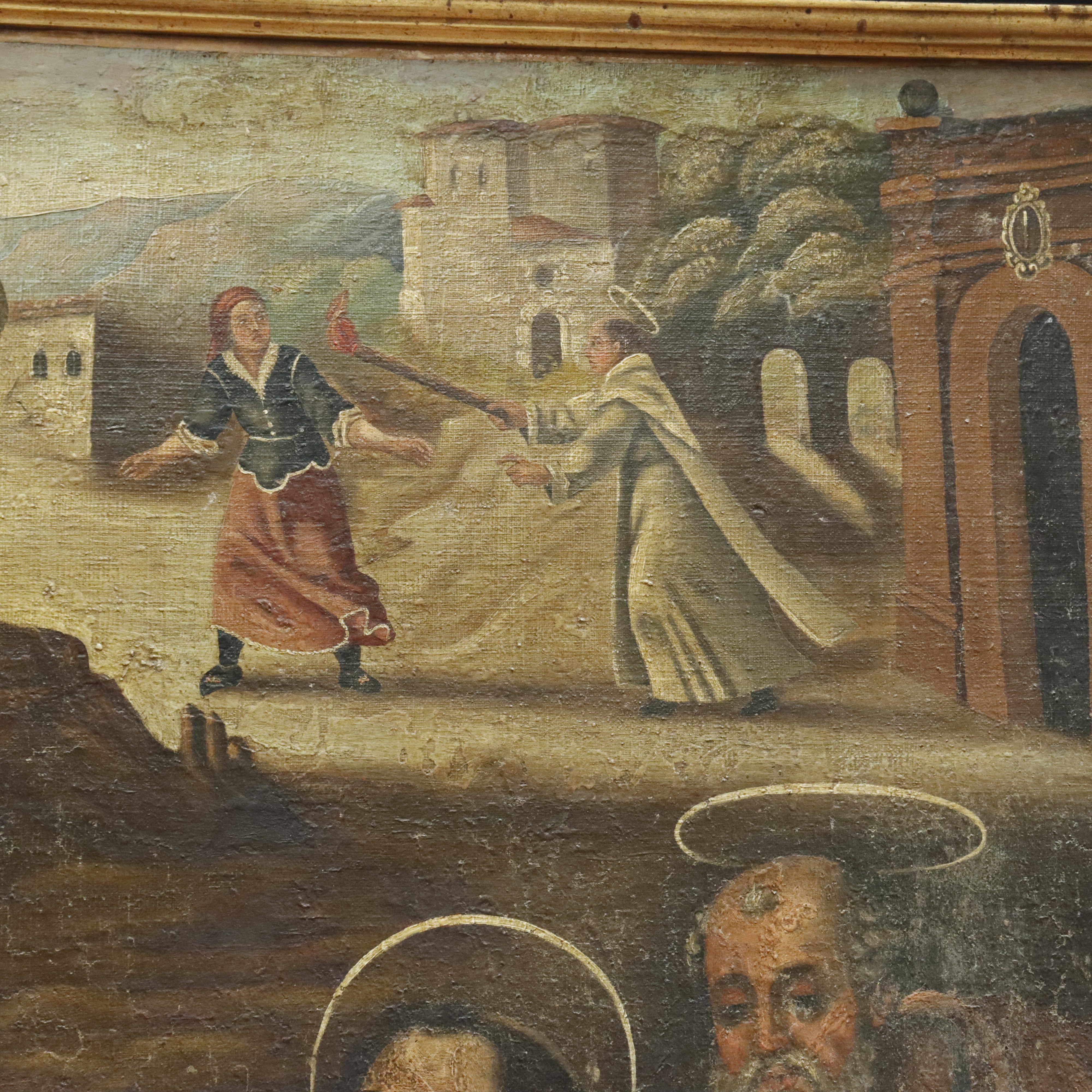 AW375: Antique Religious Painting Life of a Saint European School Oil on Canvas Painting 18th Century