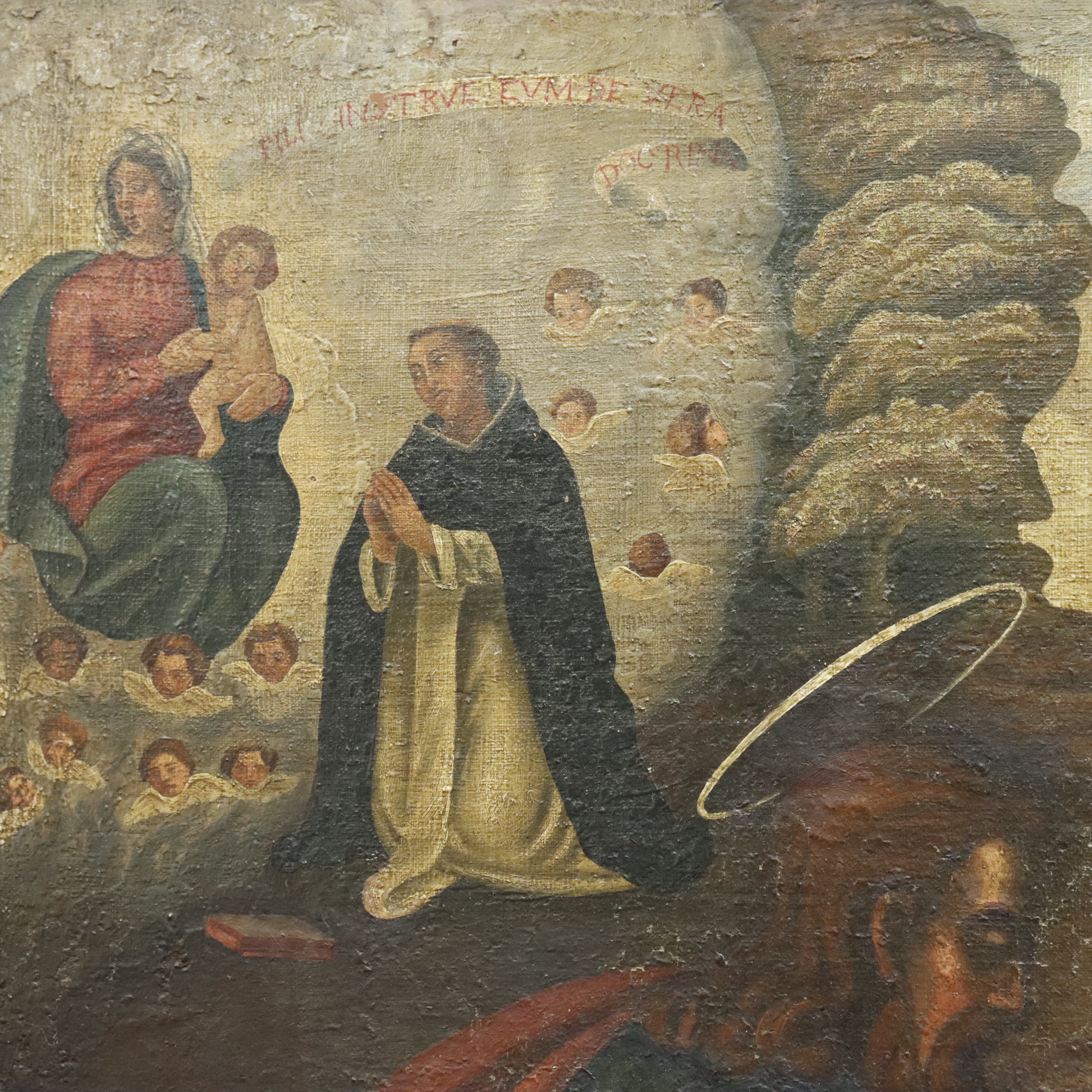 AW375: Antique Religious Painting Life of a Saint European School Oil on Canvas Painting 18th Century