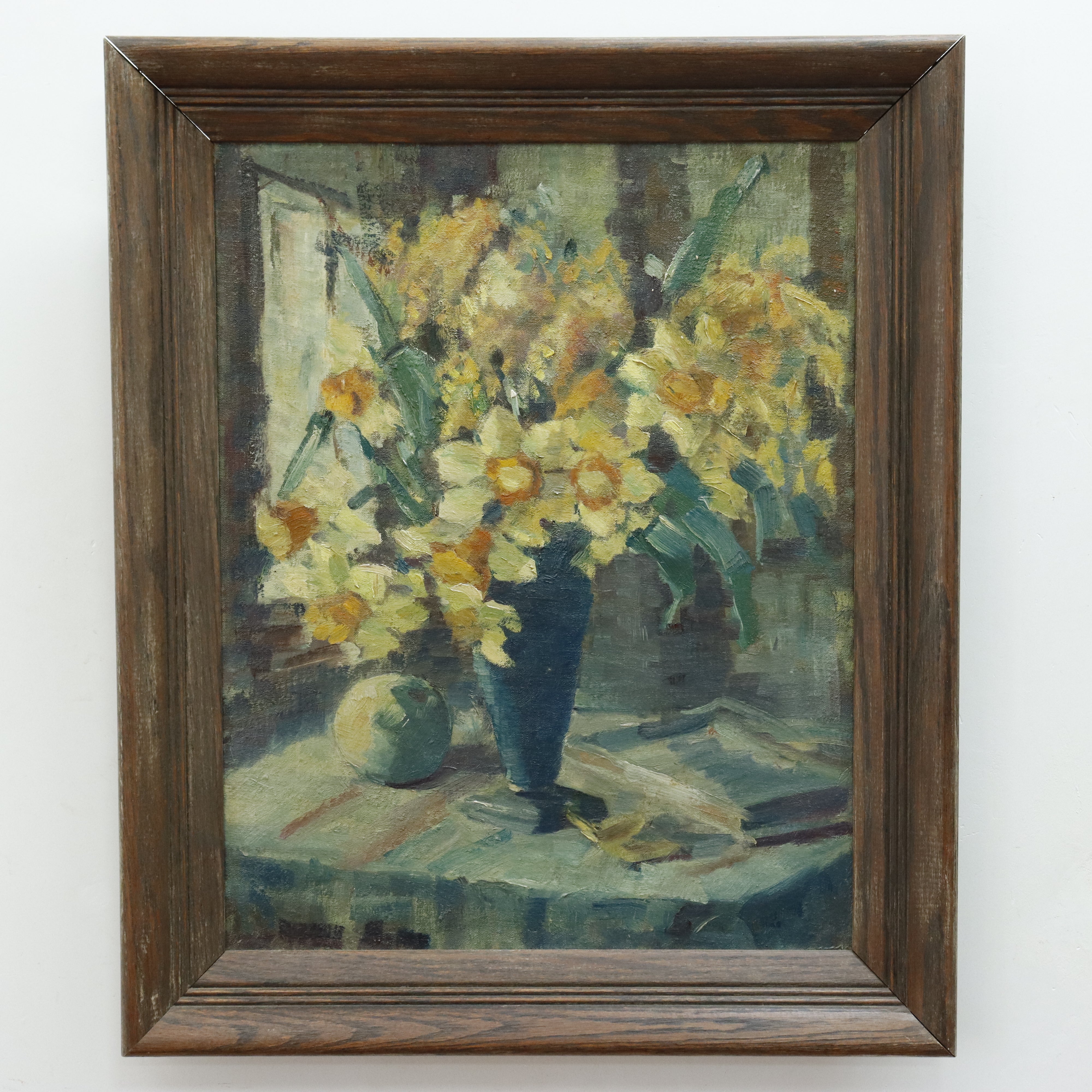 AW014: English Modern School Still Life Oil on Canvas Painting of Daffodils