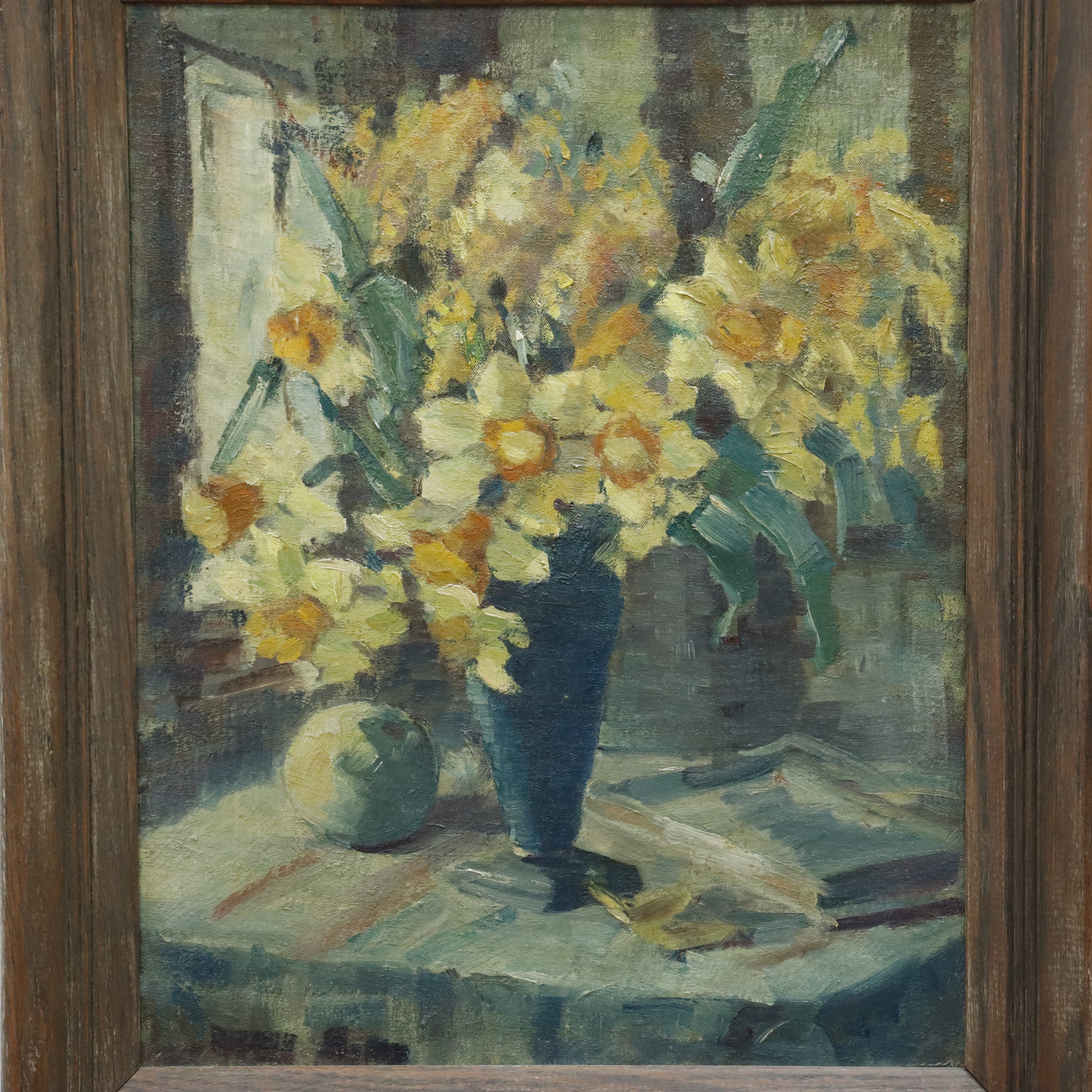 AW014: English Modern School Still Life Oil on Canvas Painting of Daffodils