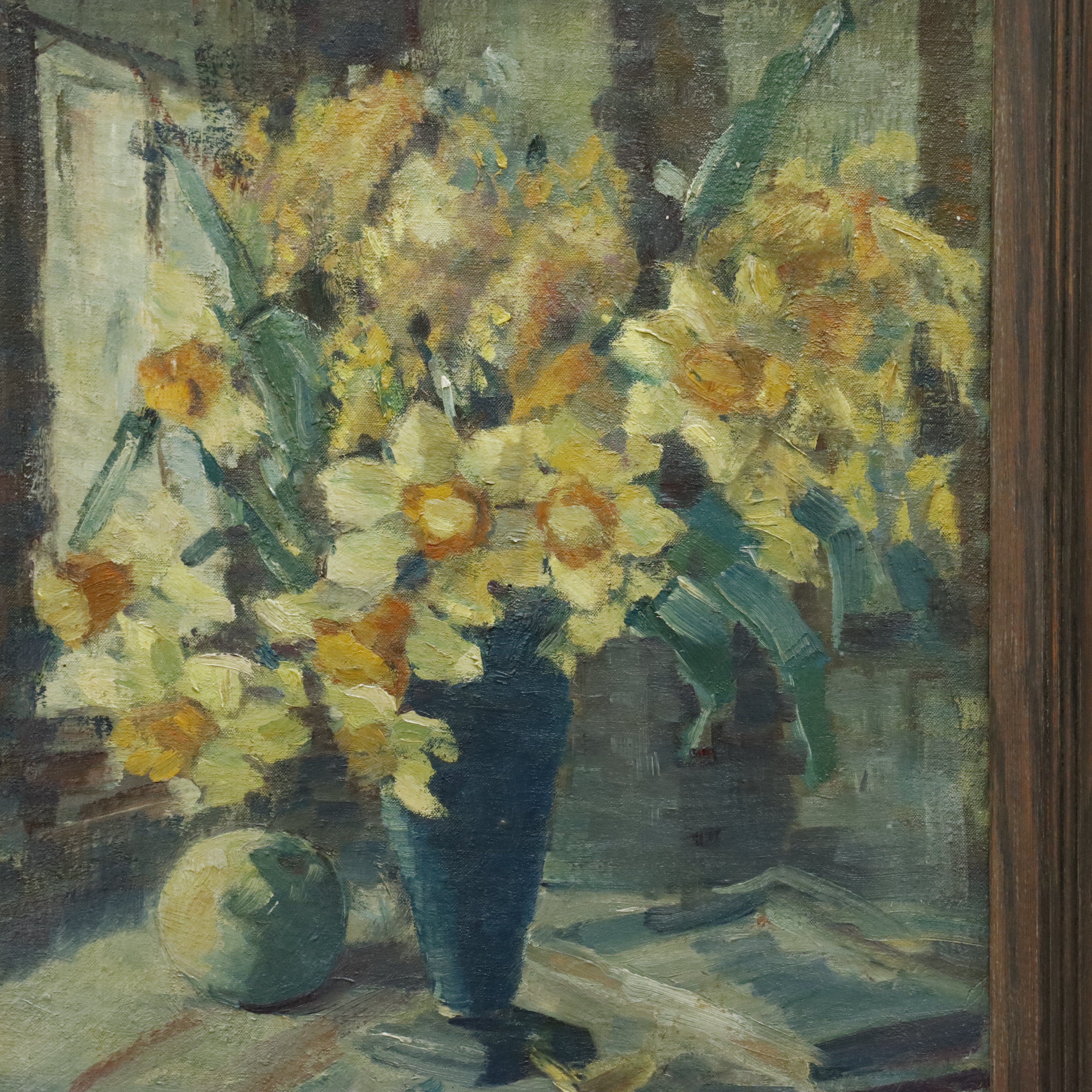 AW014: English Modern School Still Life Oil on Canvas Painting of Daffodils