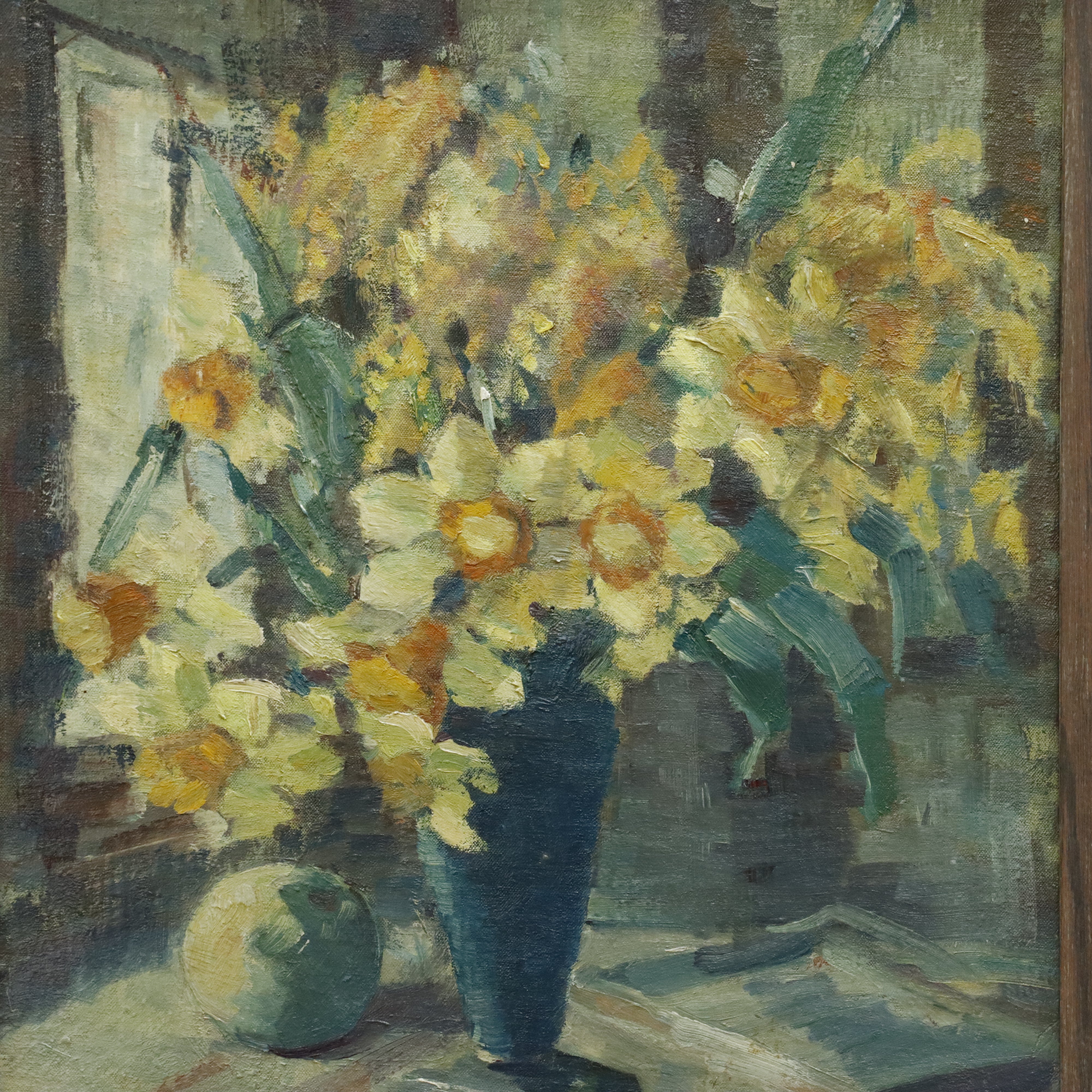 AW014: English Modern School Still Life Oil on Canvas Painting of Daffodils