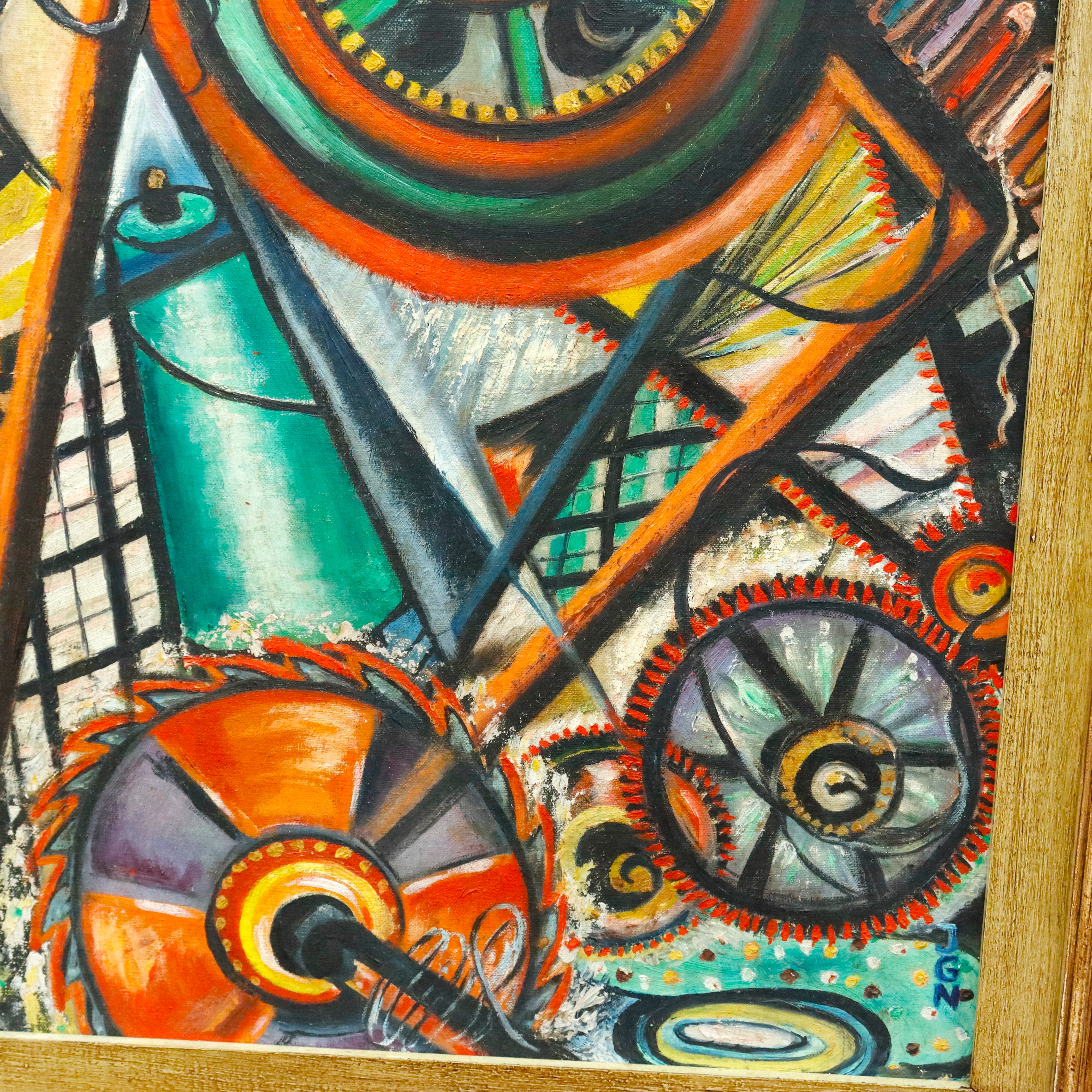 AW312: Jean G. Noll Avant Garde Constructionist Composition Oil on Board Painting Circa 1956 Initialed JGN