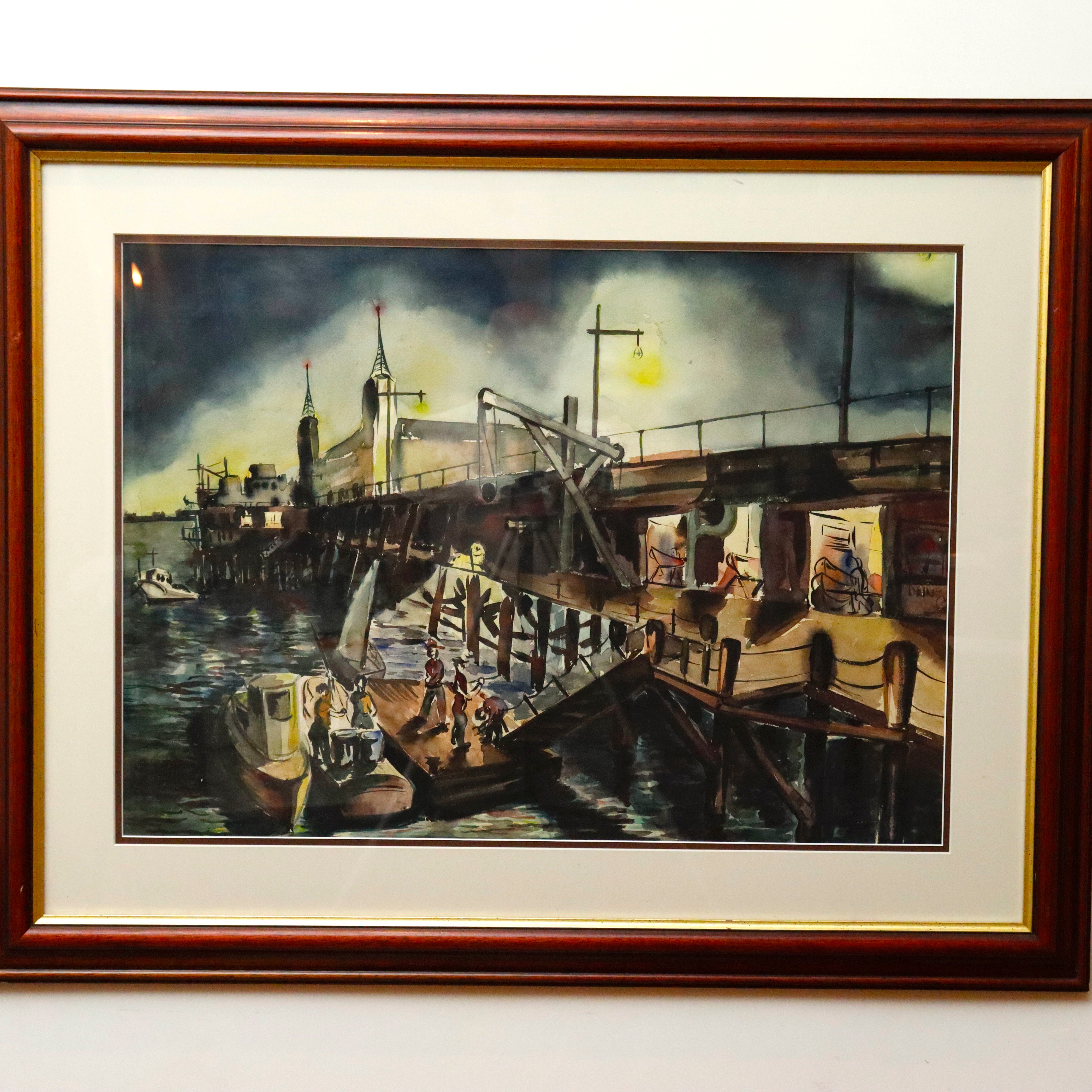 AW3-096: WPA Regionalist Modernist Boat House Pier Watercolor