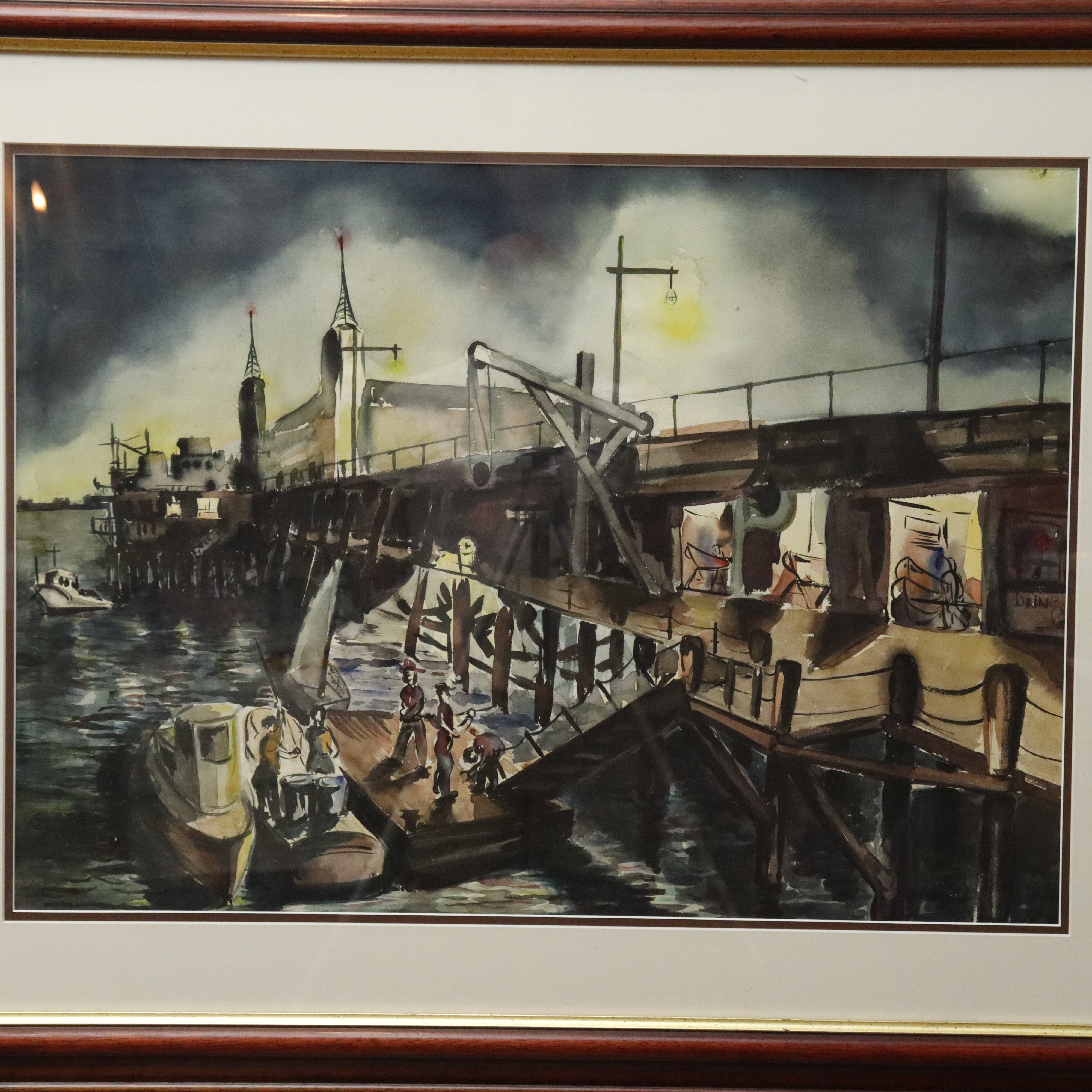 AW3-096: WPA Regionalist Modernist Boat House Pier Watercolor