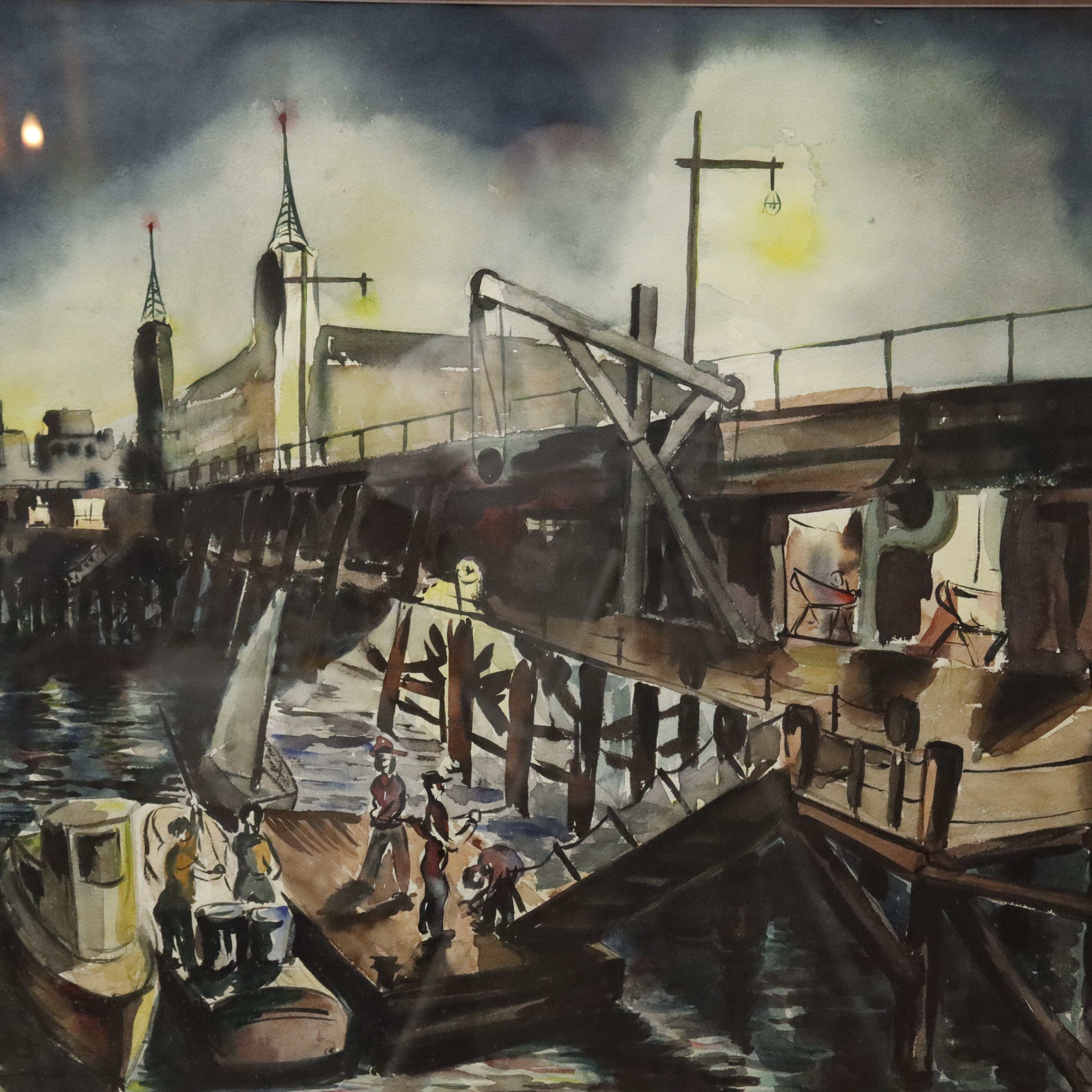 AW3-096: WPA Regionalist Modernist Boat House Pier Watercolor