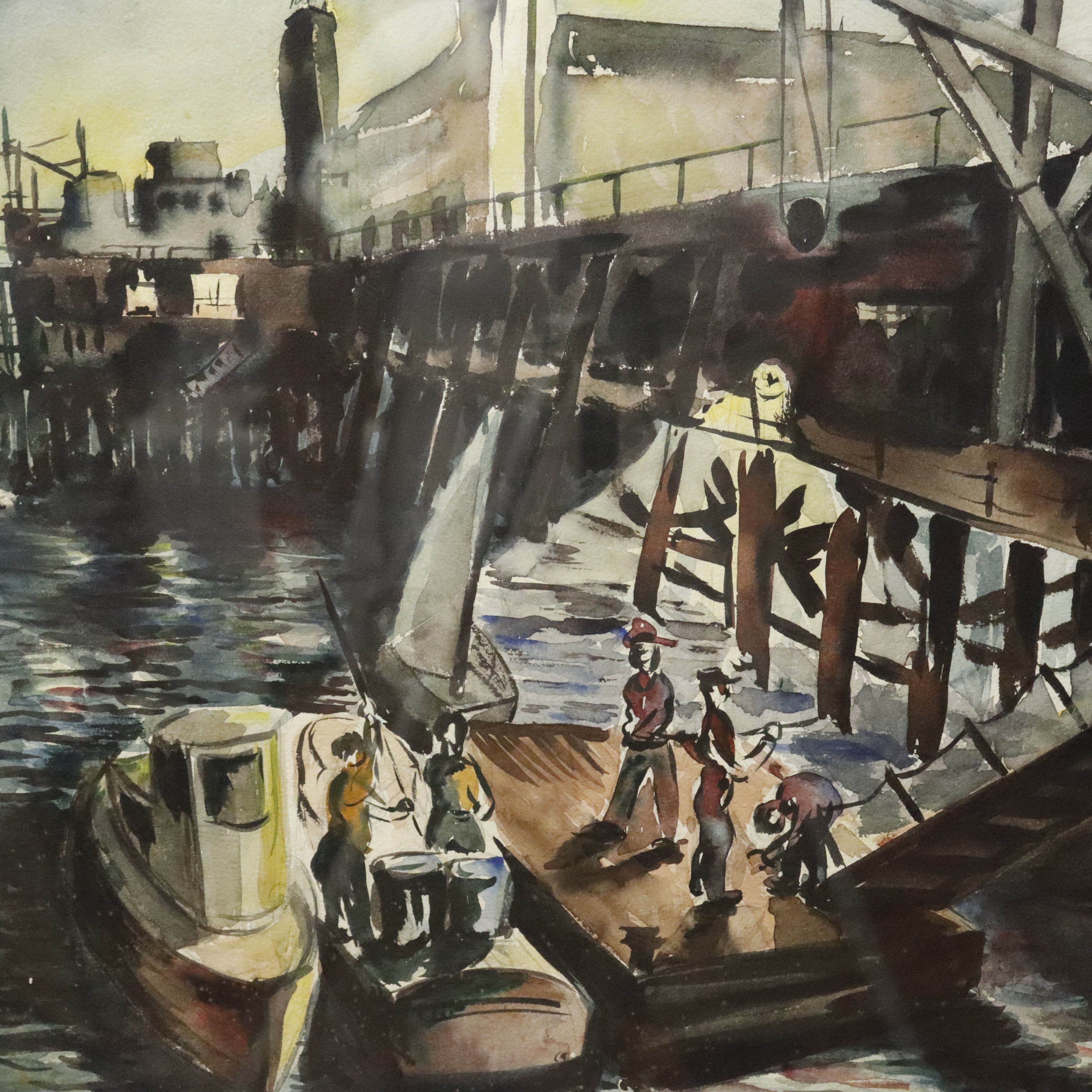 AW3-096: WPA Regionalist Modernist Boat House Pier Watercolor