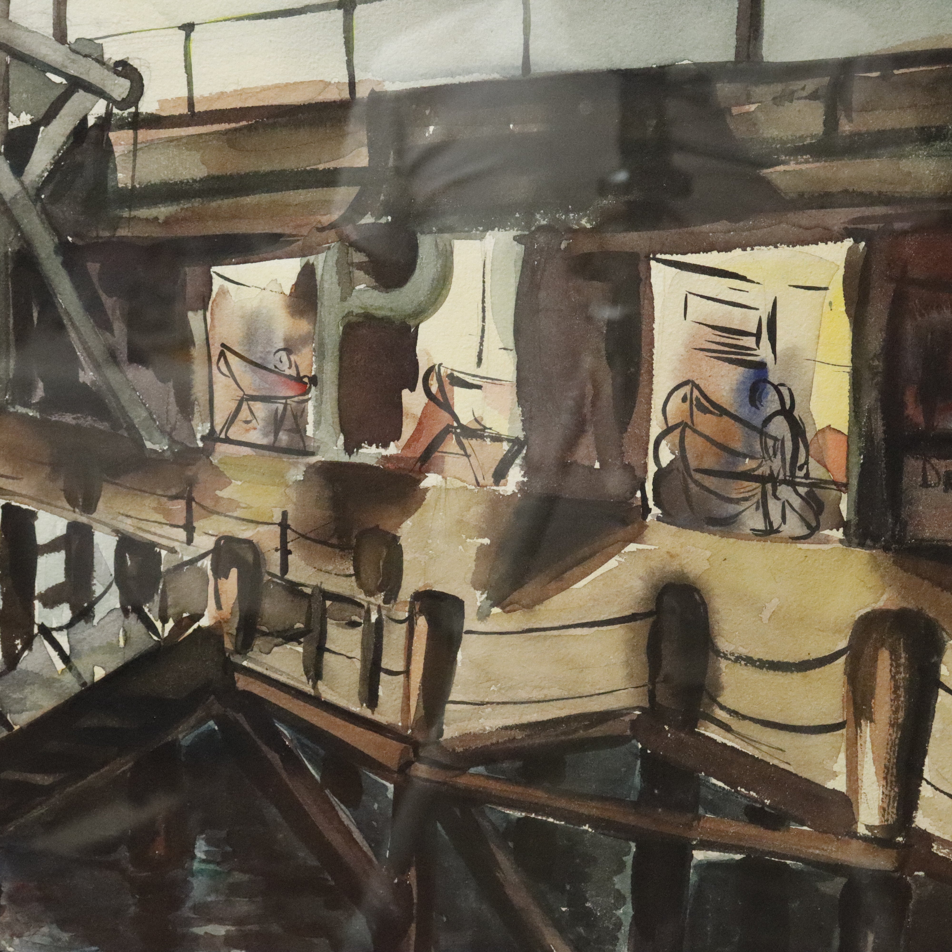 AW3-096: WPA Regionalist Modernist Boat House Pier Watercolor