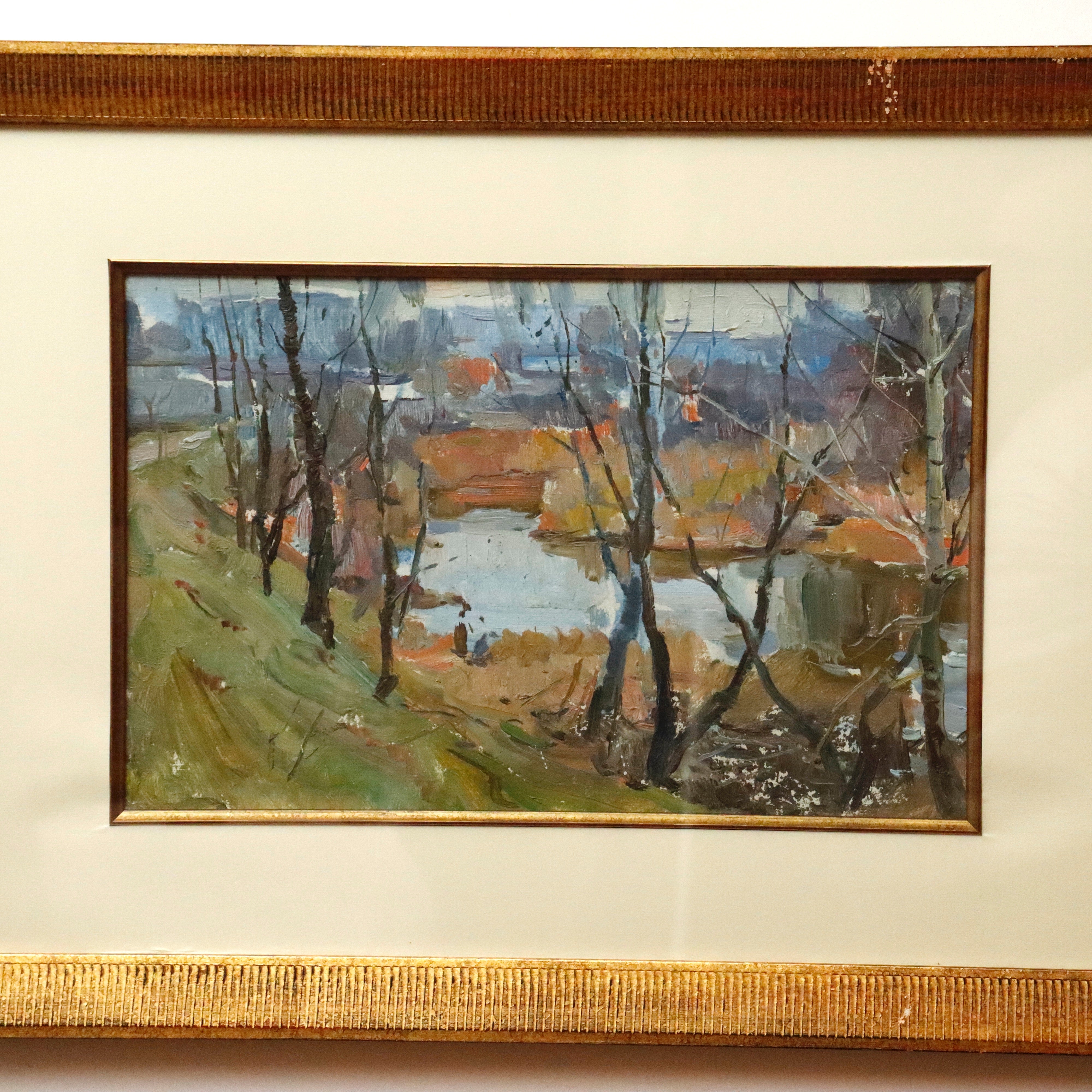AW040: Victor Burkulay Russian Impressionist Winter Landscape Oil on Board Painting