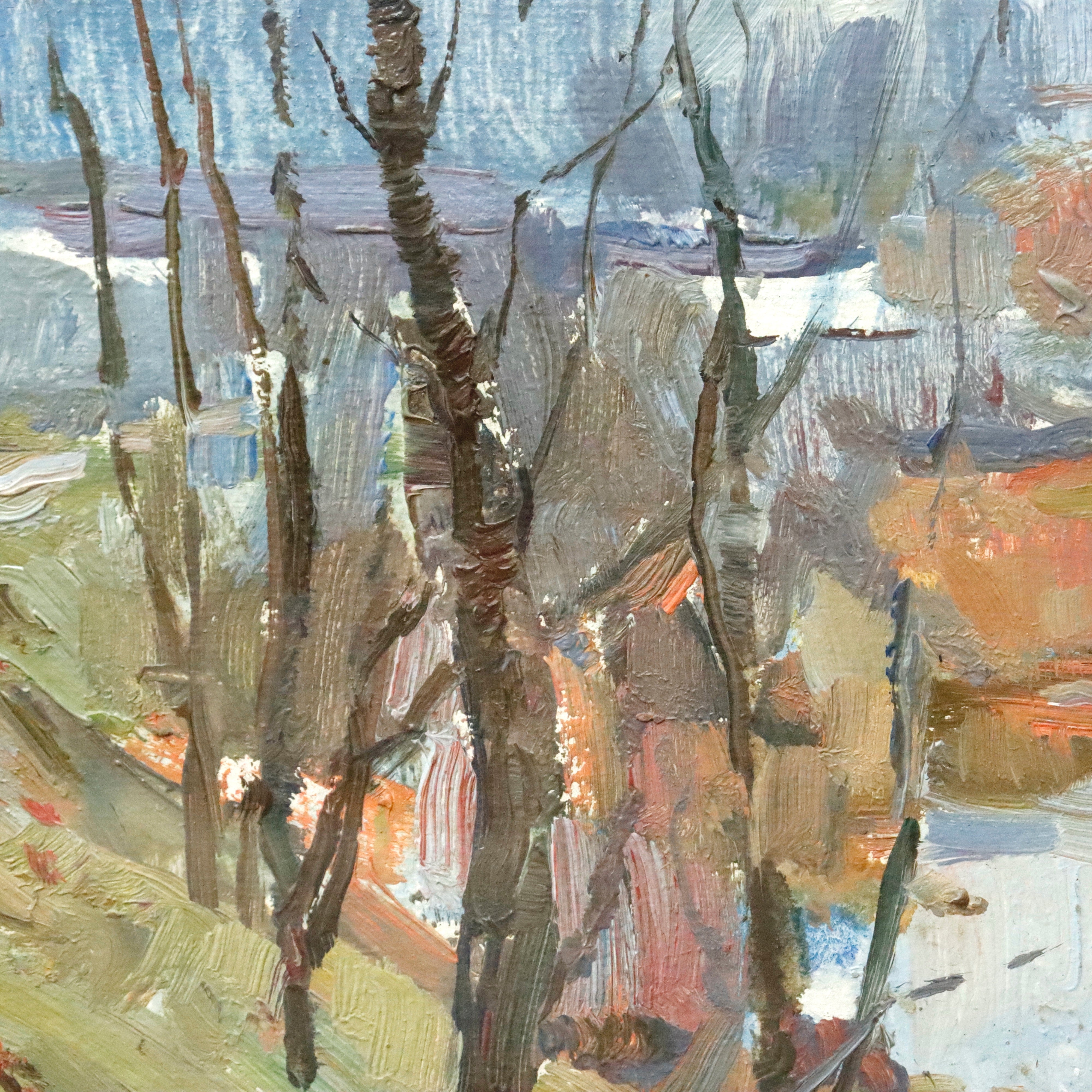 AW040: Victor Burkulay Russian Impressionist Winter Landscape Oil on Board Painting