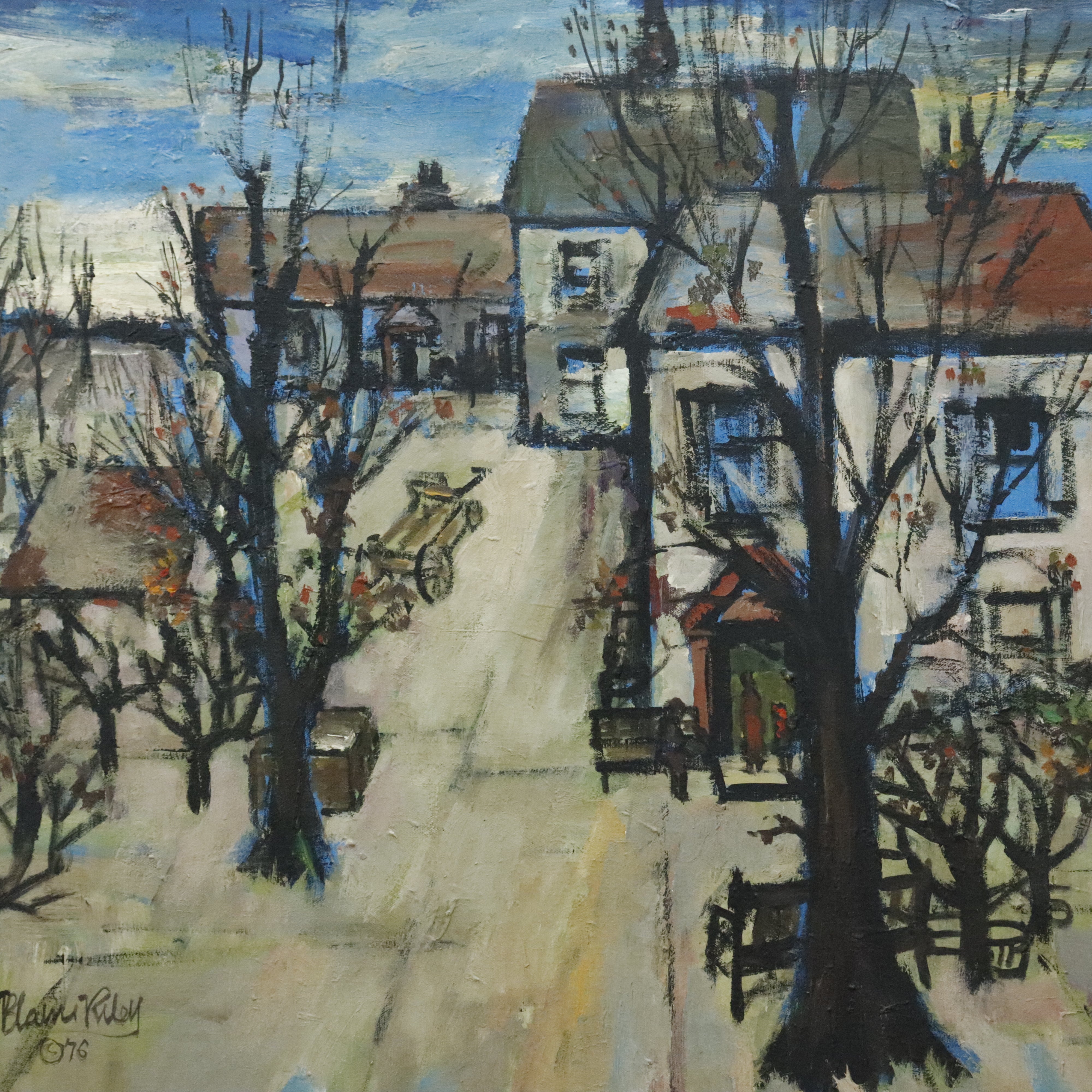 AW162: A. Blaine Riley Winter Landscape Oil on Canvas Painting Circa 1976