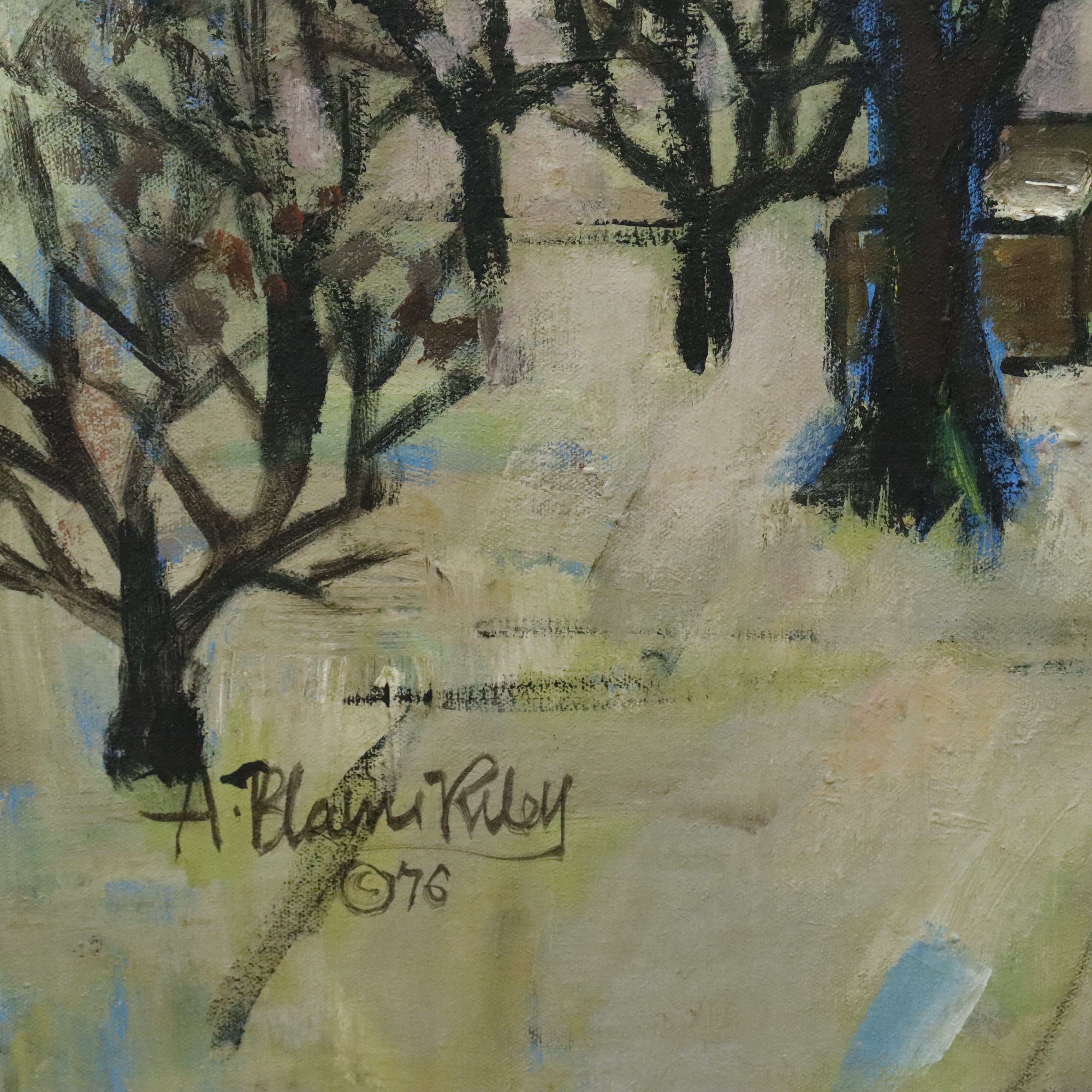 AW162: A. Blaine Riley Winter Landscape Oil on Canvas Painting Circa 1976