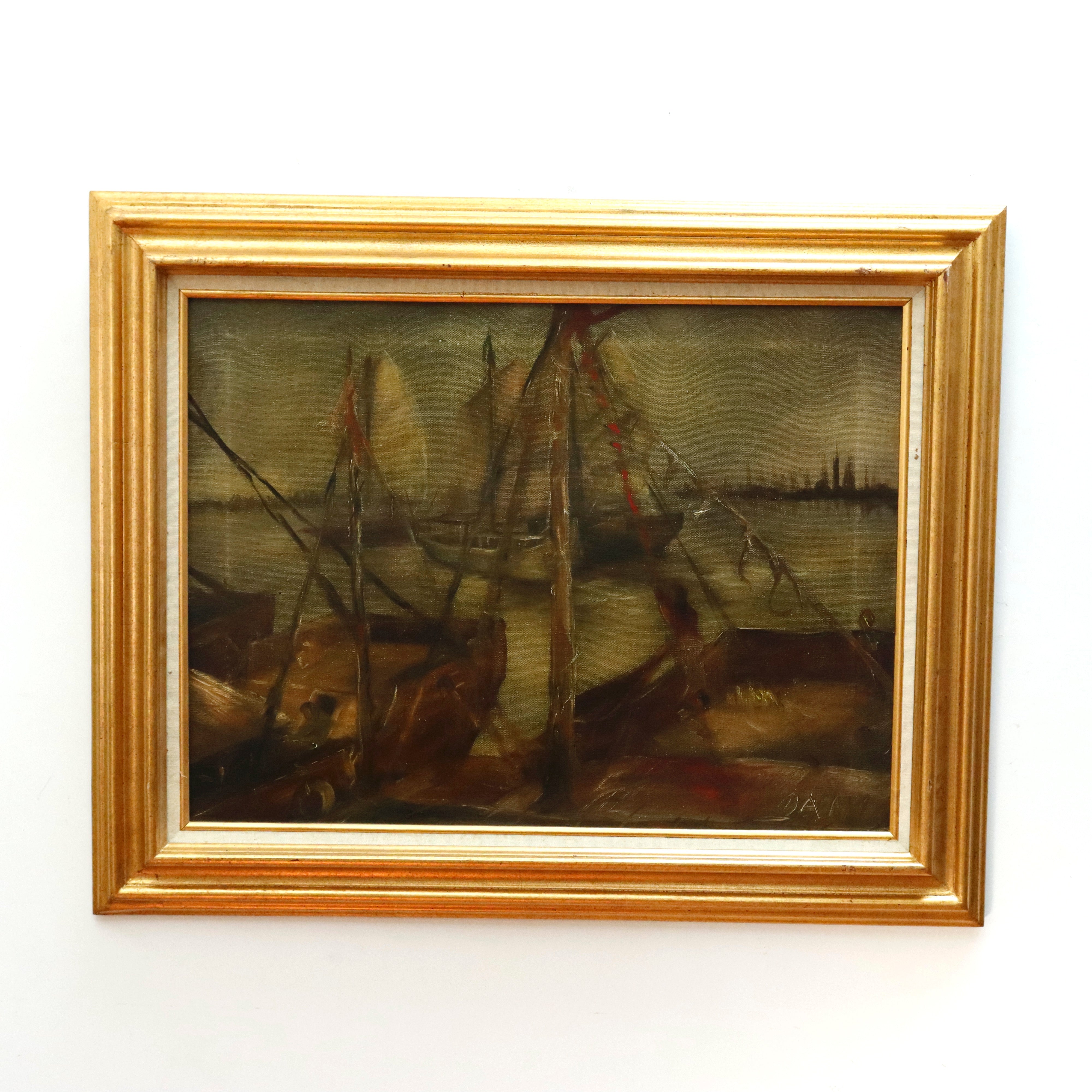 AW053: Oani American WPA Ashcan Regionalist Oil on Canvas Painting of Boats at Harbor