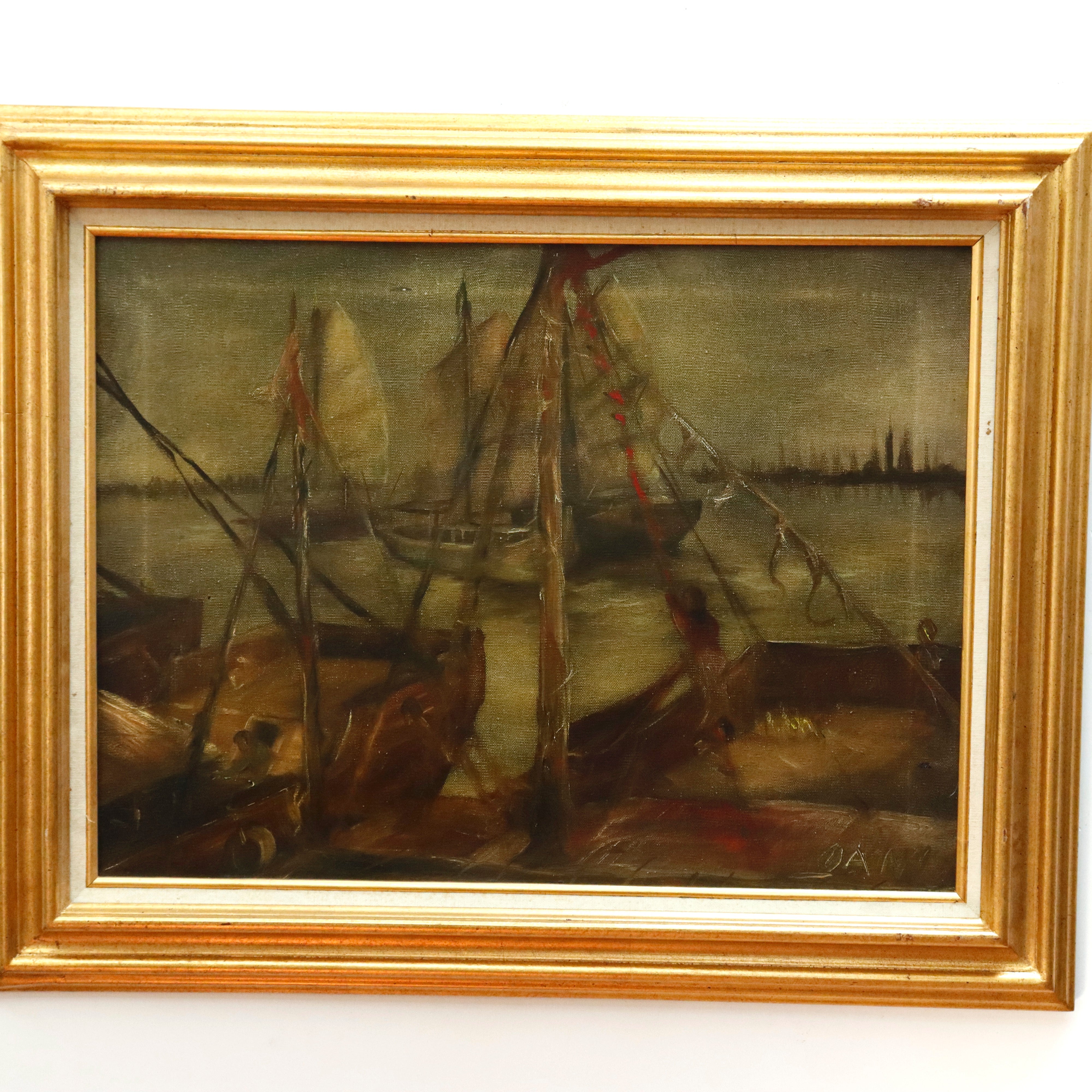 Oani American WPA Ashcan Oil on Canvas Painting of Boats at Harbor | Work of Man