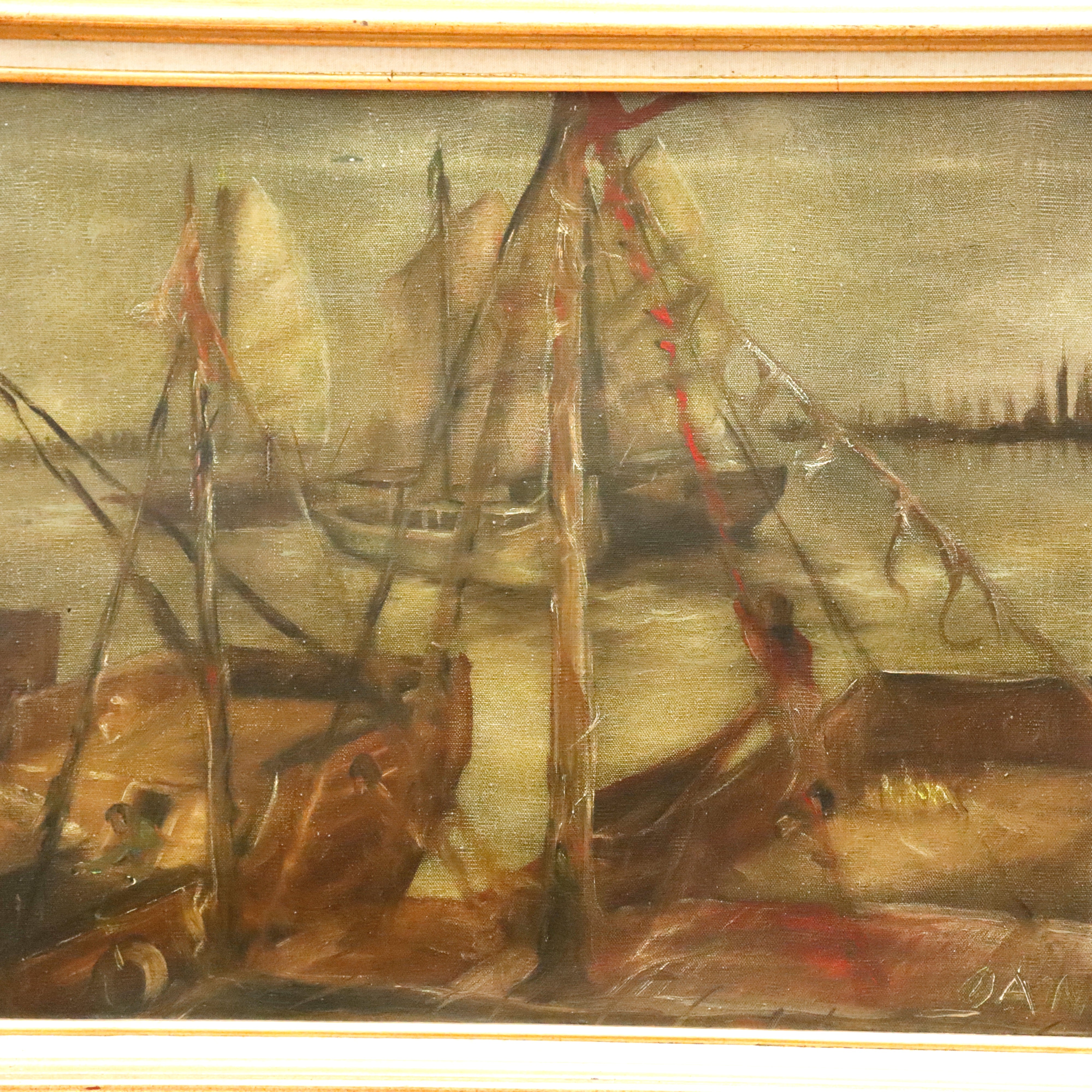 AW053: Oani American WPA Ashcan Regionalist Oil on Canvas Painting of Boats at Harbor