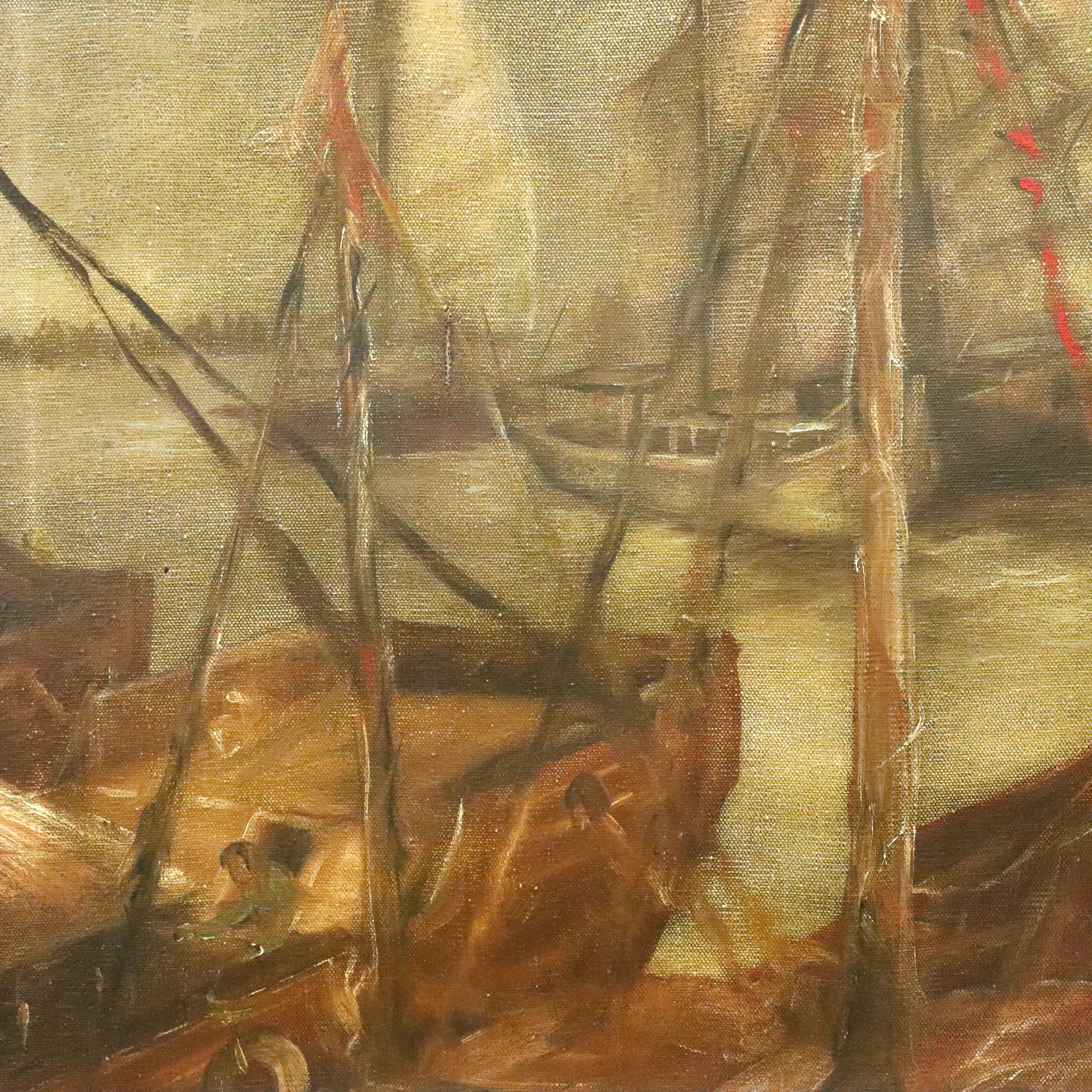 AW053: Oani American WPA Ashcan Regionalist Oil on Canvas Painting of Boats at Harbor