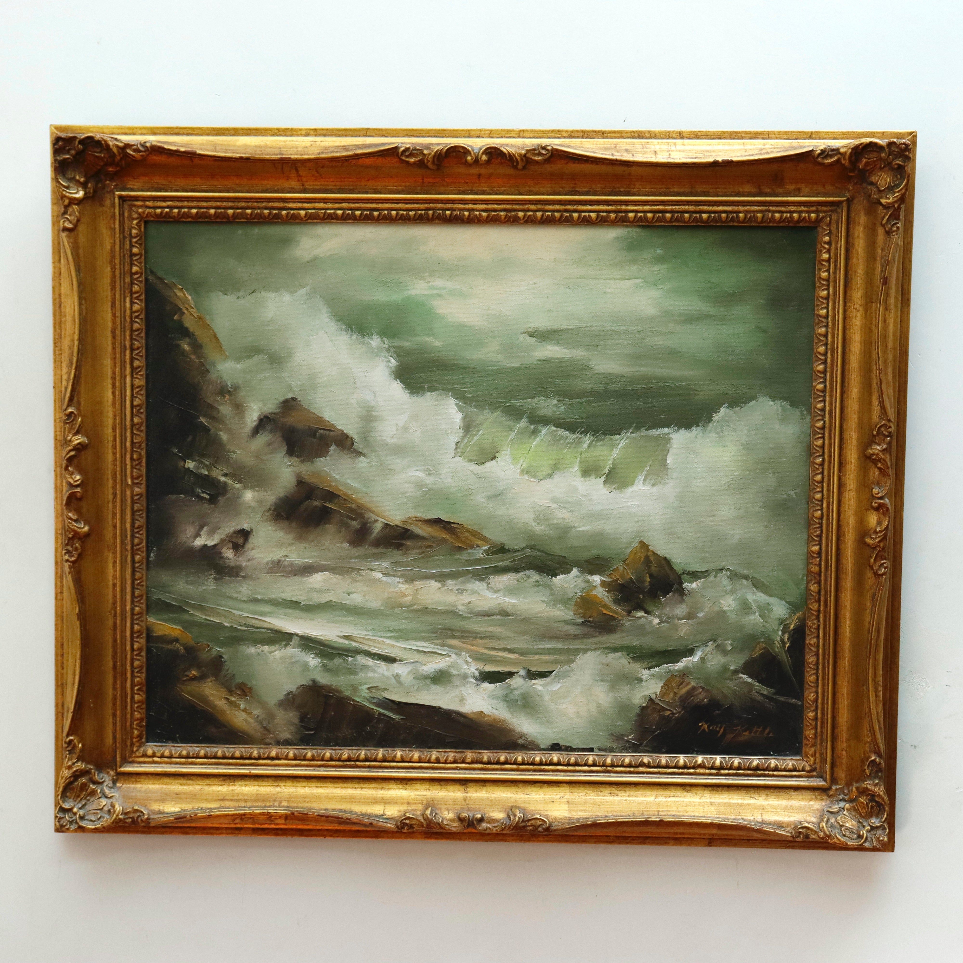 AW054: Kay Kittle Crashing Waves Oil on Canvas Painting American 20th Century