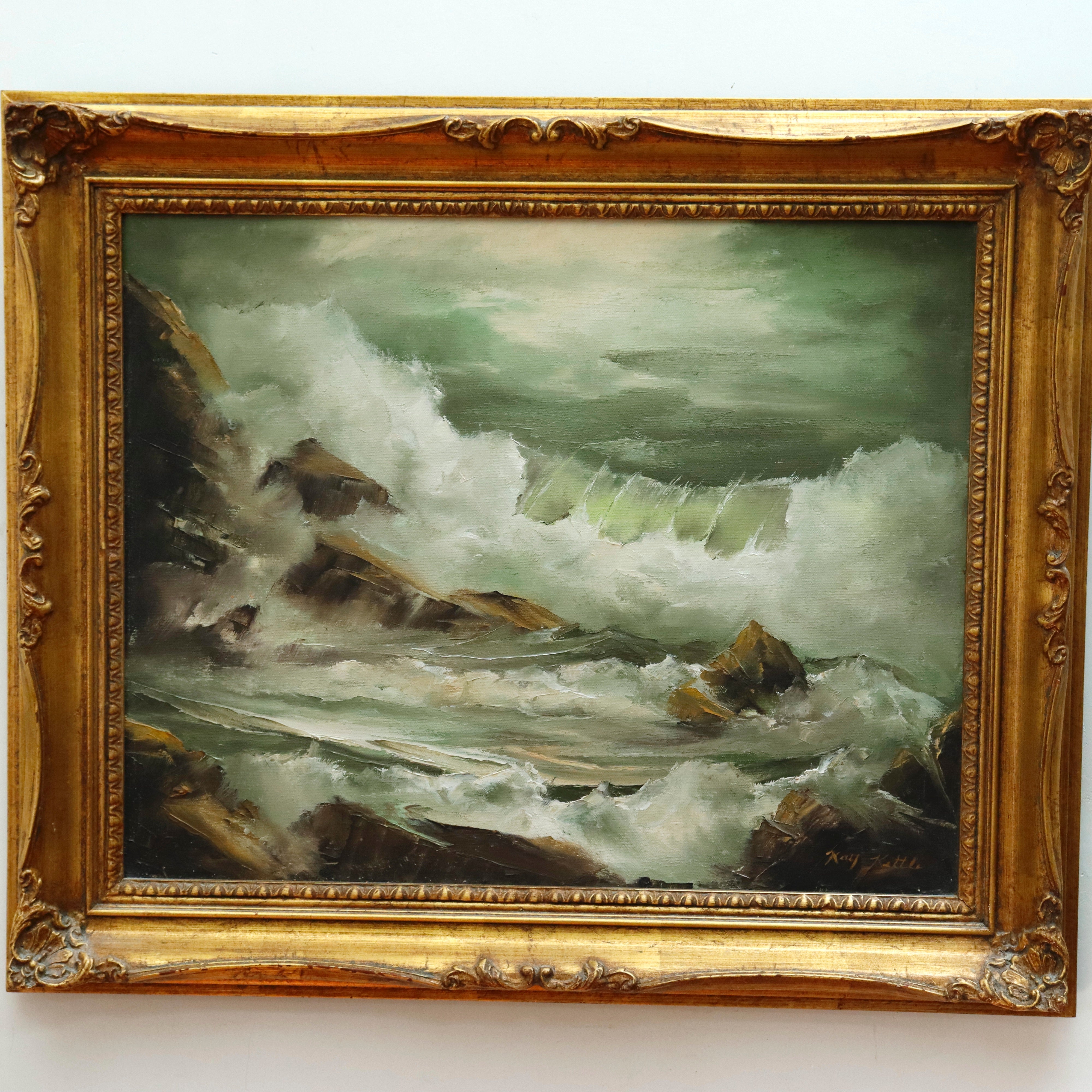 AW054: Kay Kittle Crashing Waves Oil on Canvas Painting American 20th Century