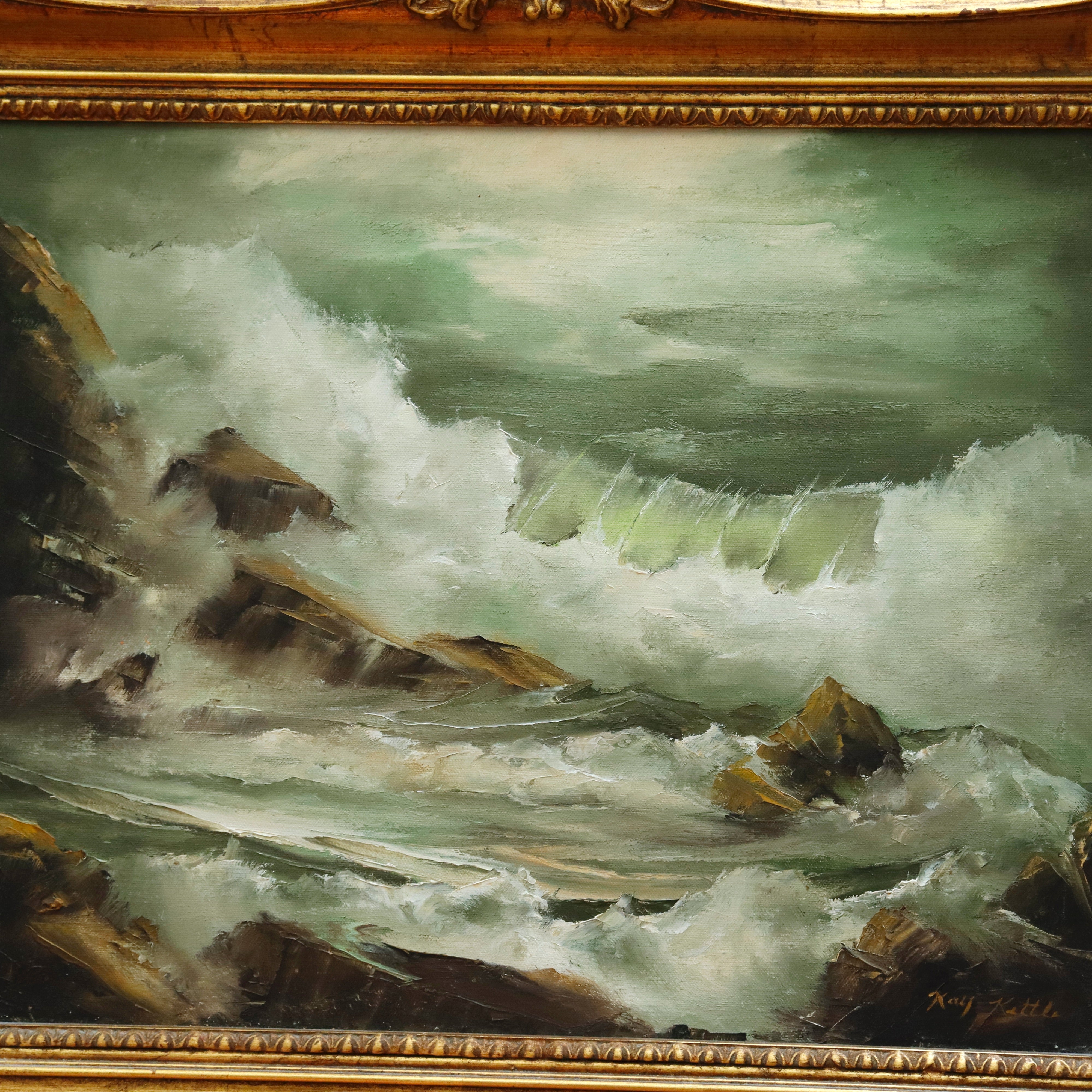 AW054: Kay Kittle Crashing Waves Oil on Canvas Painting American 20th Century