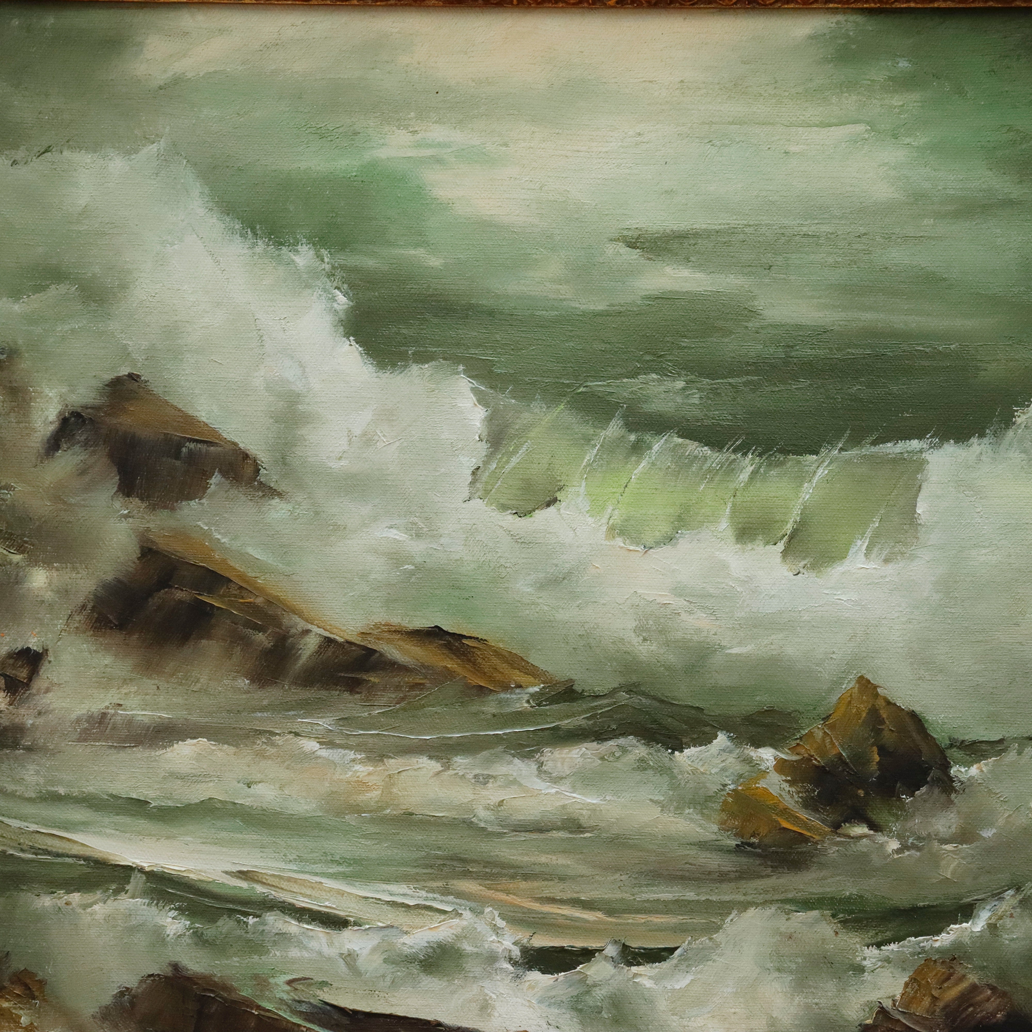 AW054: Kay Kittle Crashing Waves Oil on Canvas Painting American 20th Century