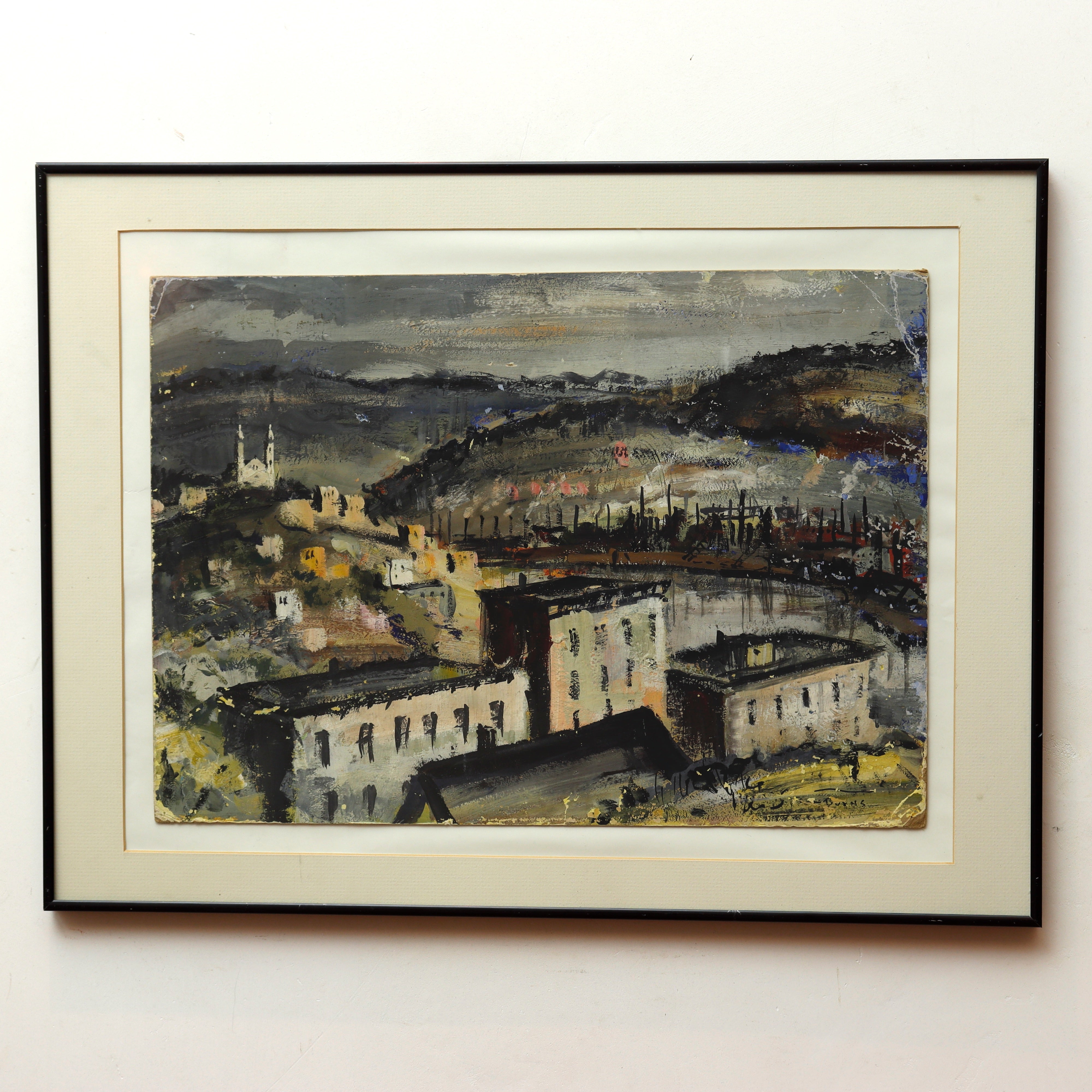 AW4-014: Burns Gouache on Paper Board City Birdseye View