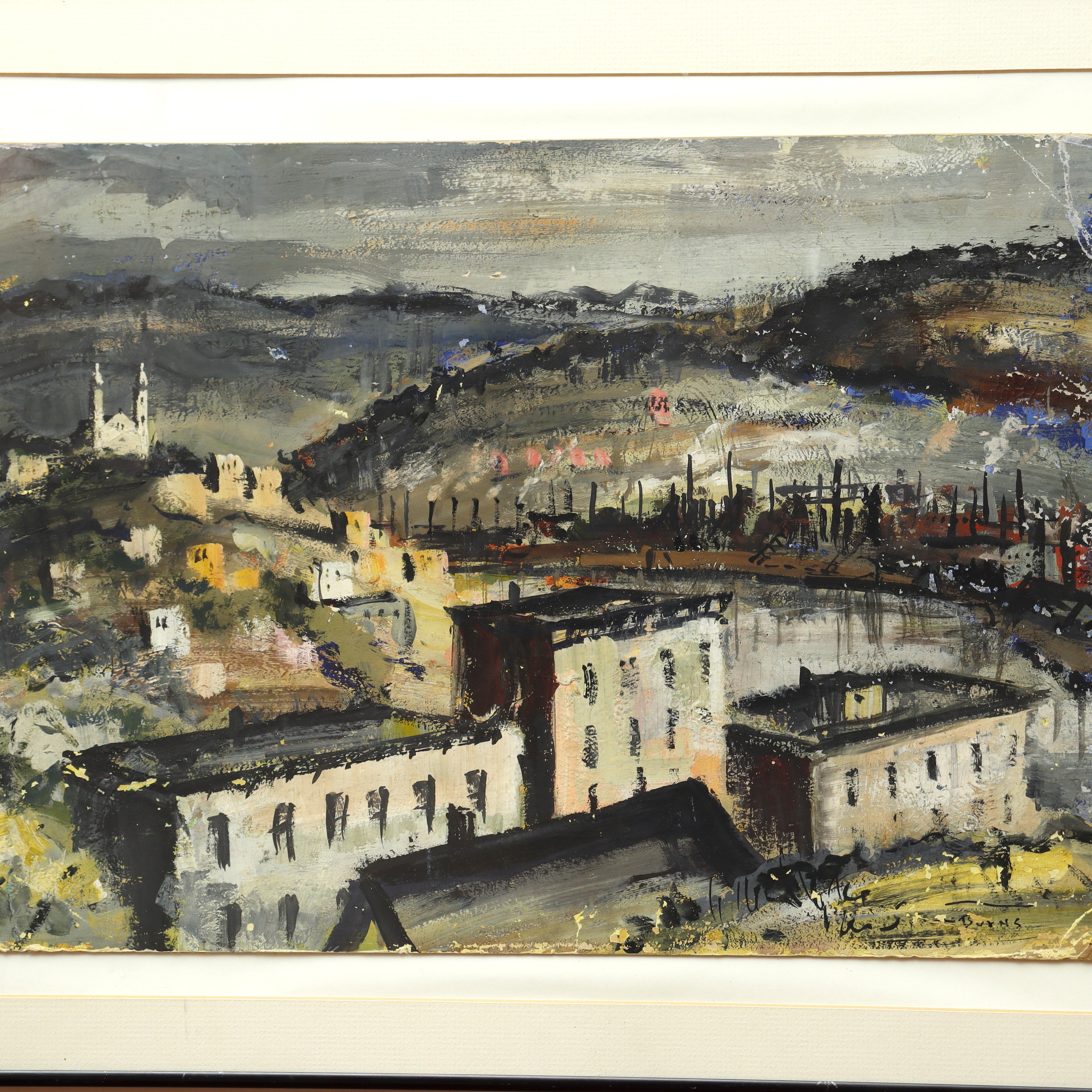 AW4-014: Burns Gouache on Paper Board City Birdseye View