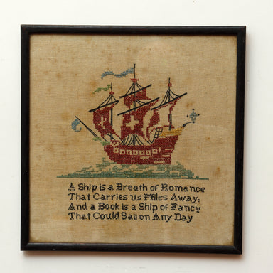 Finished Cross Stitch Embroidery Folk Art of Spanish Galleon Circa 1900 | Work of Man