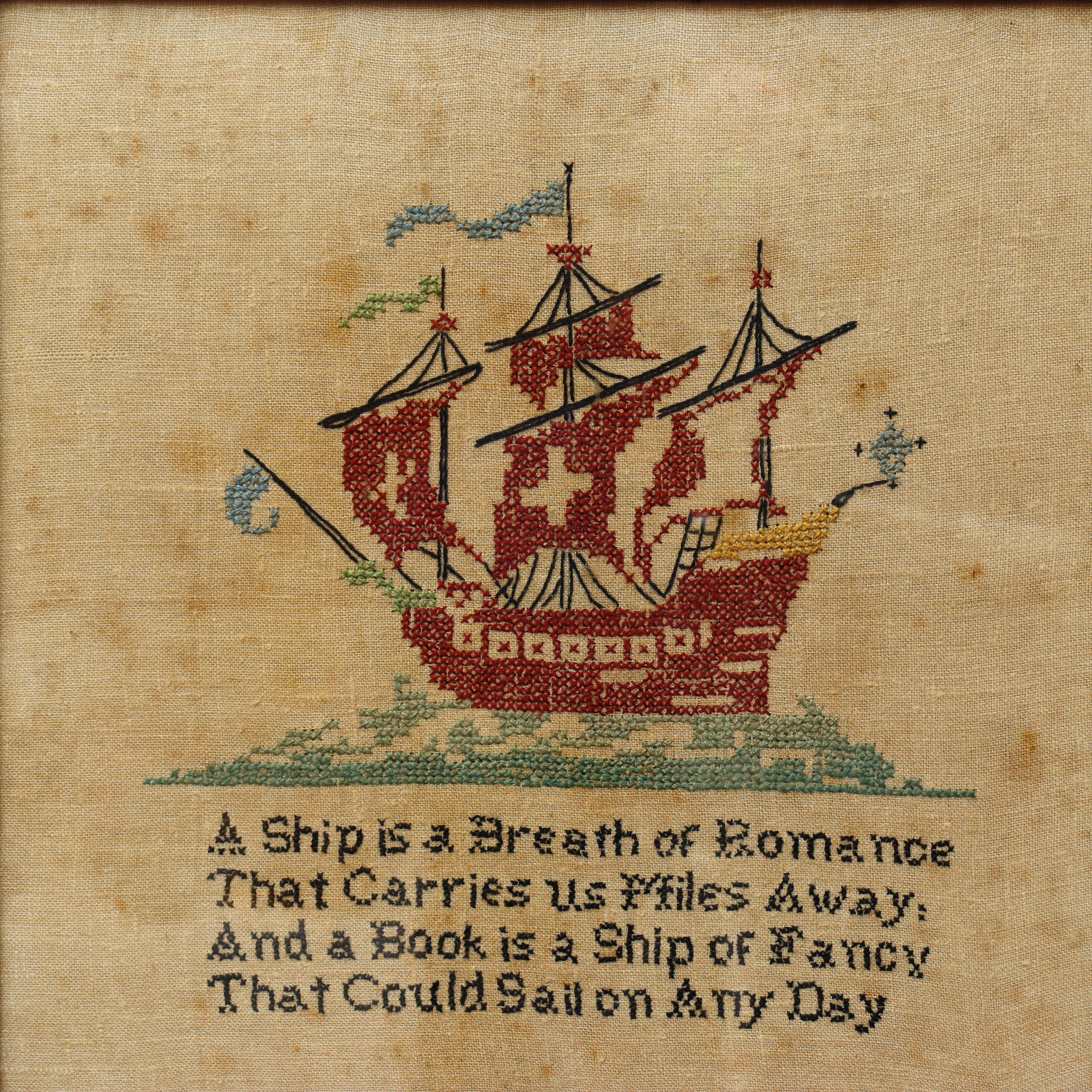 TX2: Finished Cross Stitch Embroidery Folk Art of Spanish Galleon Circa 1900