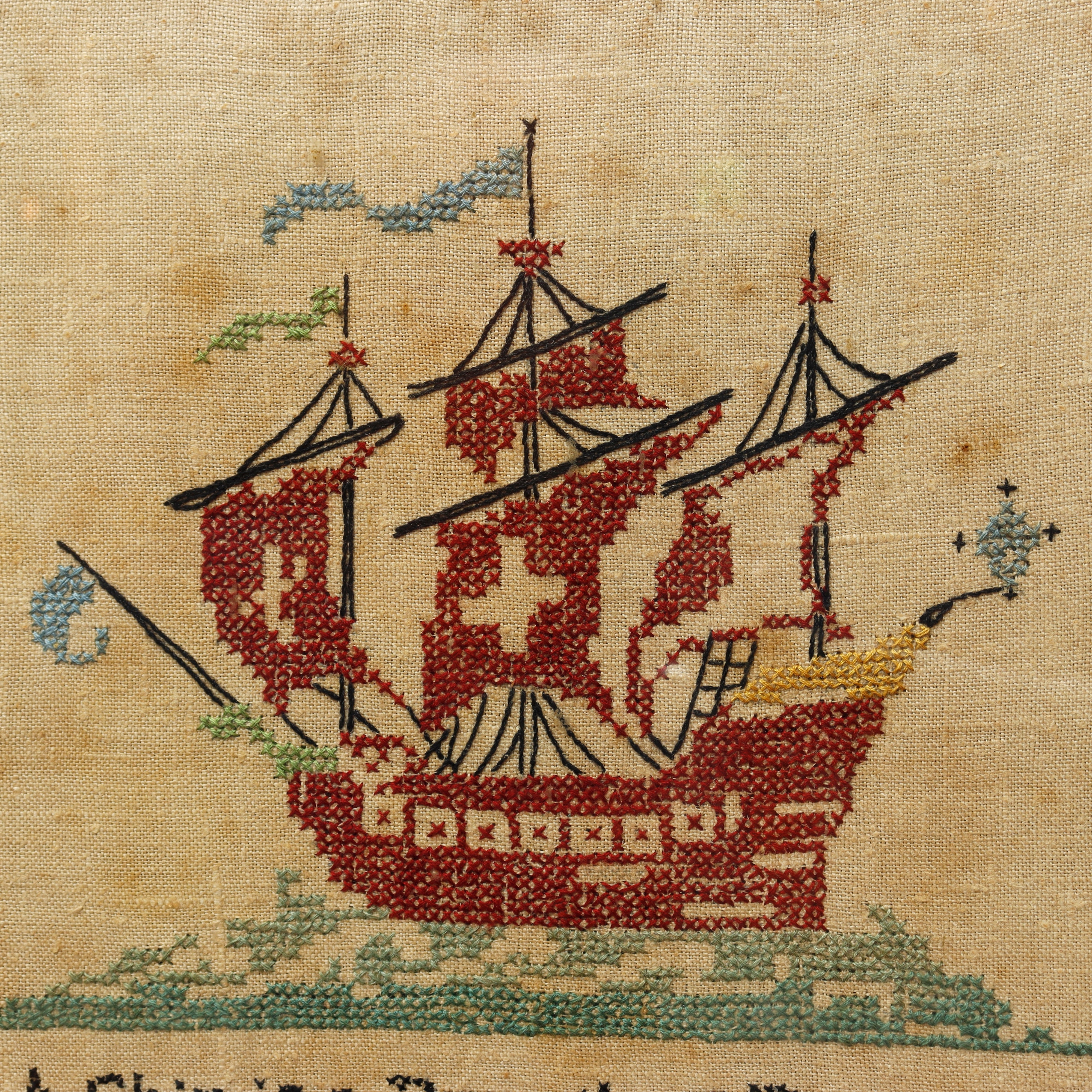 TX2: Finished Cross Stitch Embroidery Folk Art of Spanish Galleon Circa 1900