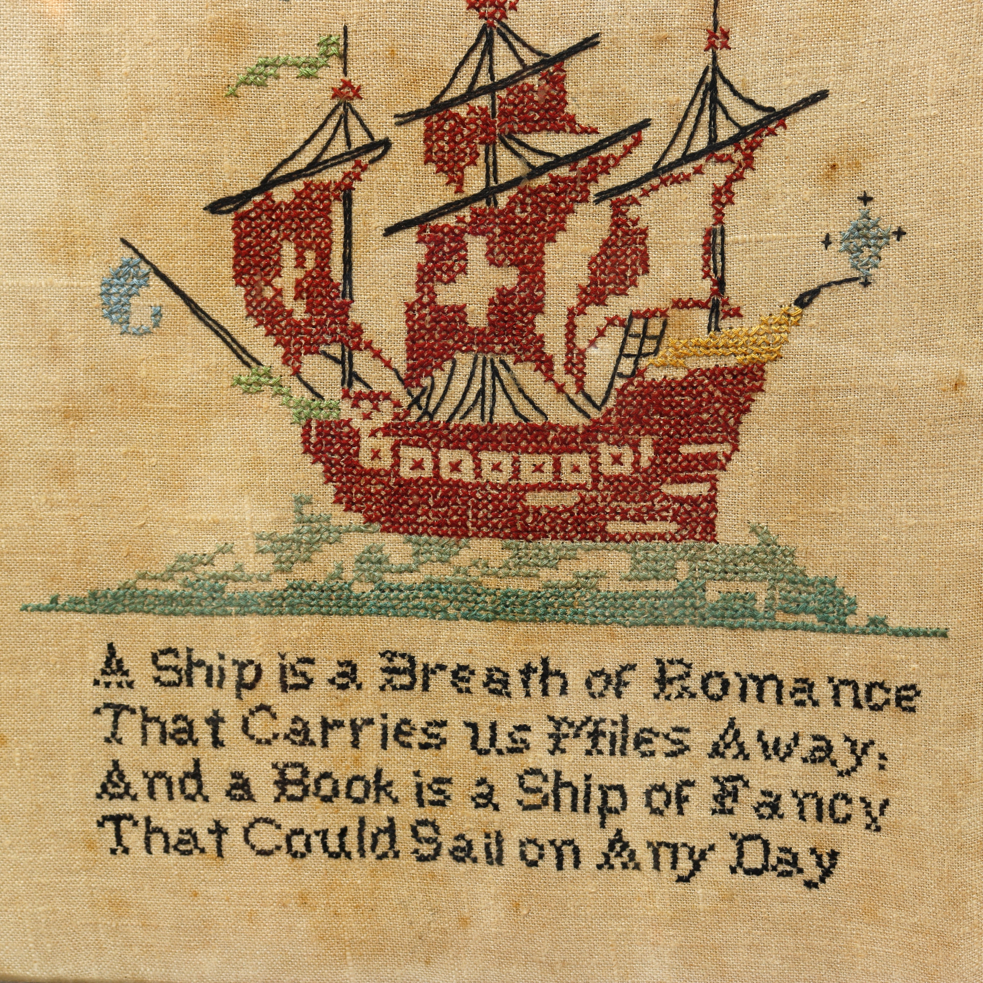 TX2: Finished Cross Stitch Embroidery Folk Art of Spanish Galleon Circa 1900