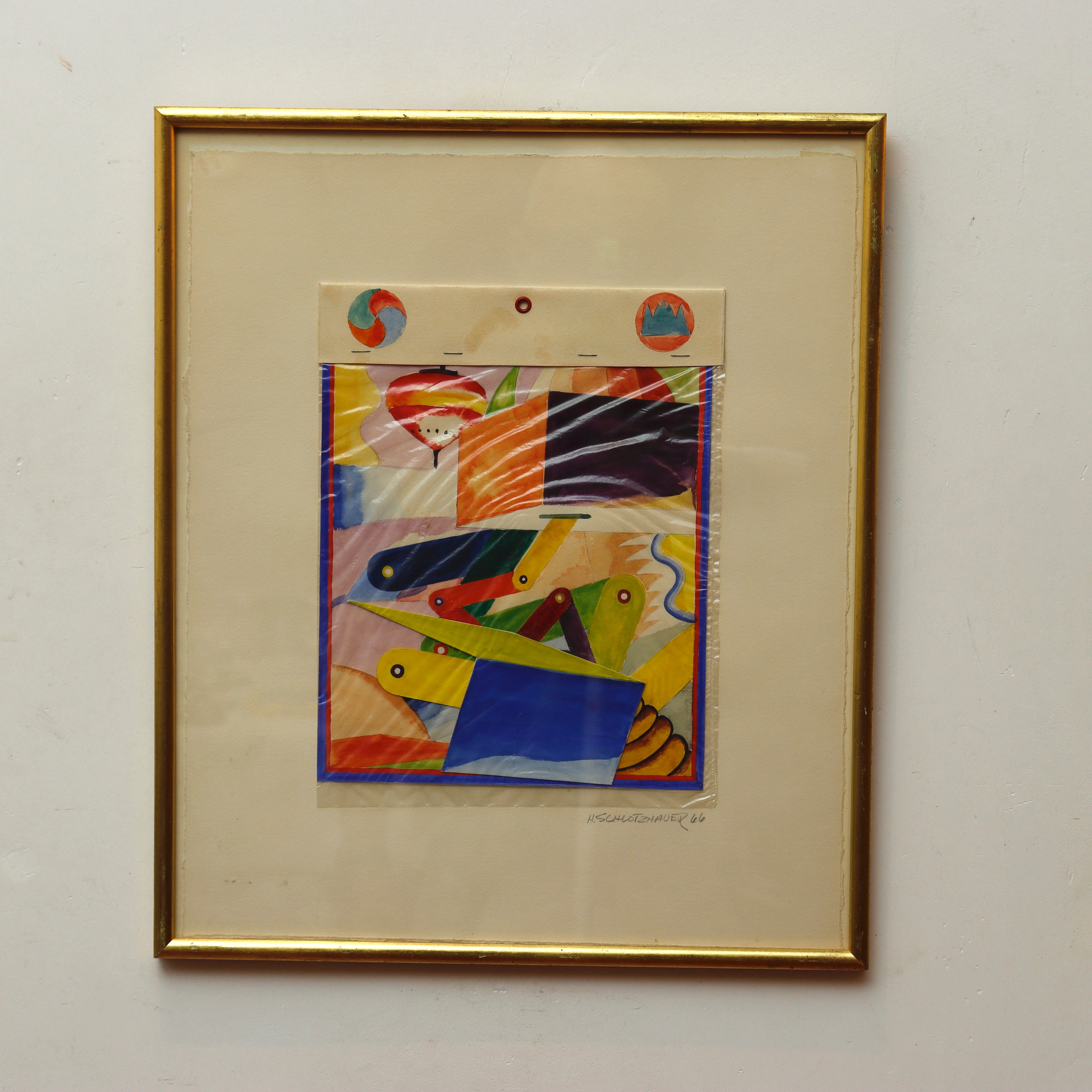 AW13-429:  HAROLD SCHLOTZHAUER - GEOMETRIC WHIMSY - MID 20TH C MIXED MEDIA